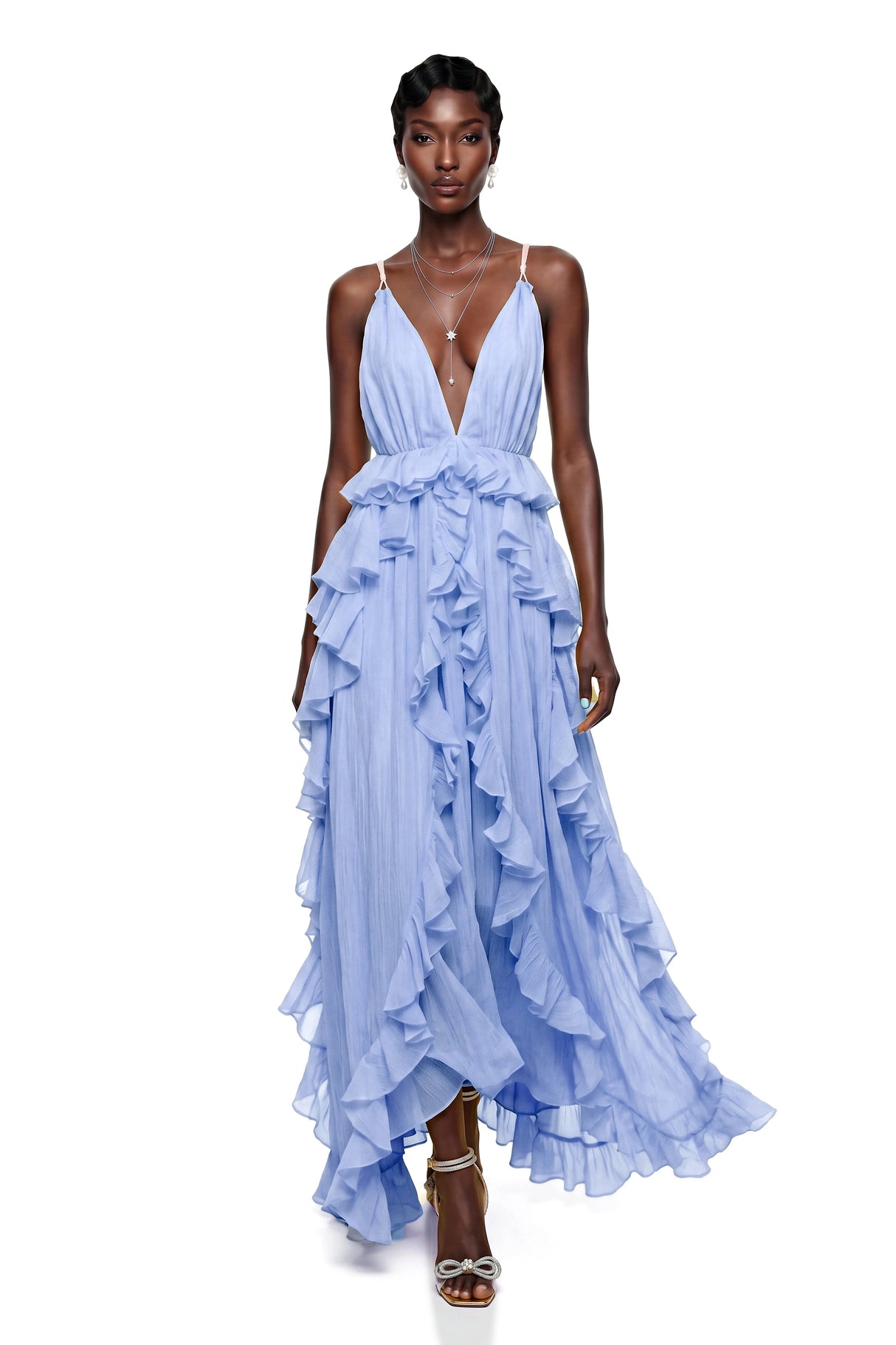 Elowyn Blue Backless Ruffled Maxi Dress
