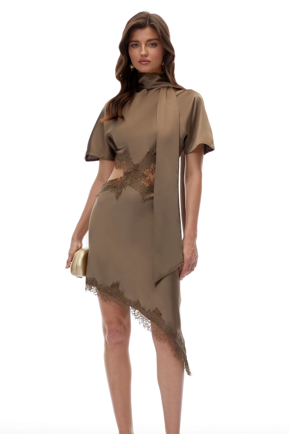 Ema Green Asymmetrical Mini Dress with Lace Trim