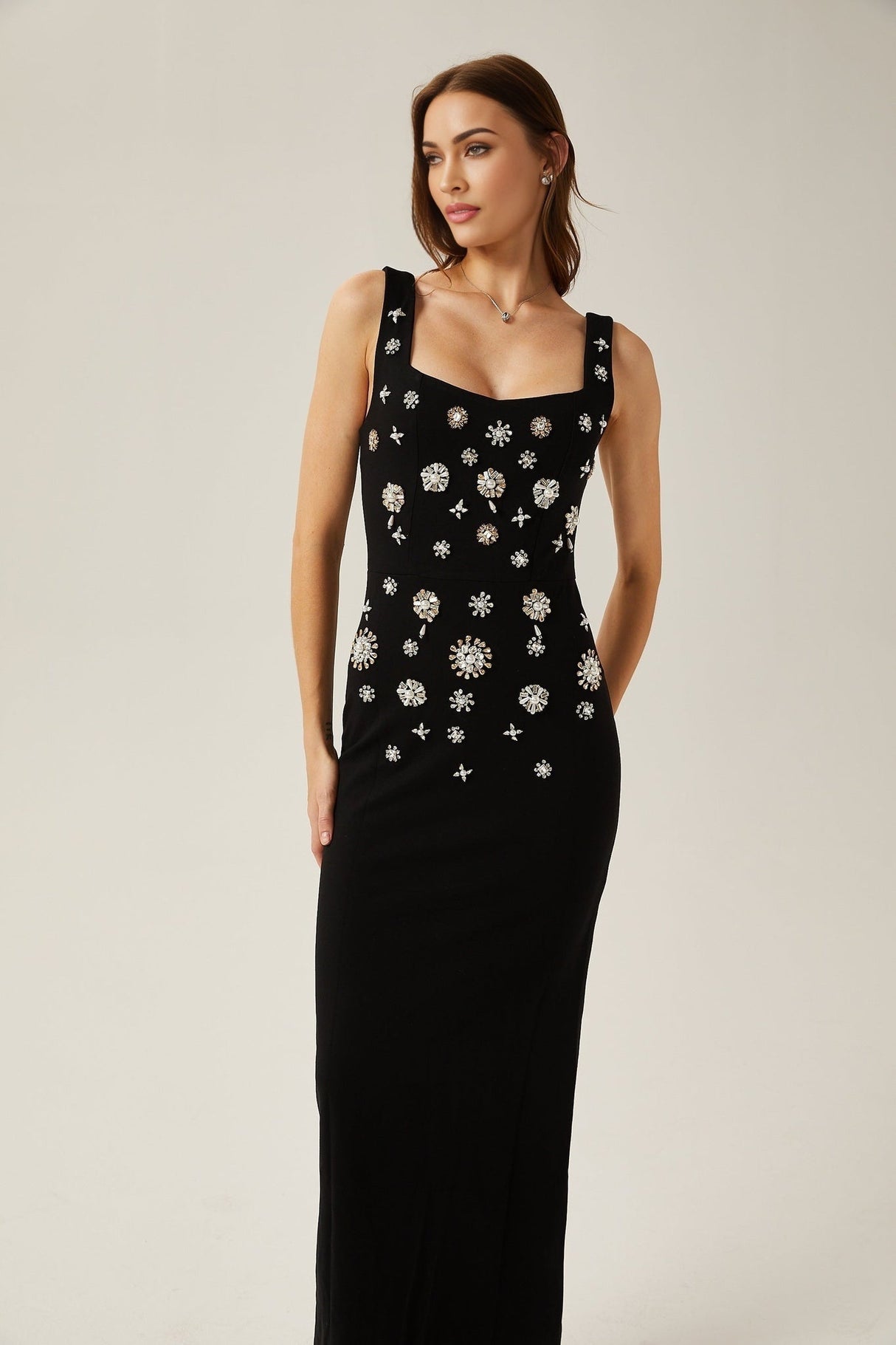 Emanuela Maxi Dress - Scoop Neck Design - Crystal Embellishment - Rear Slit - Rear Zip Fastening
