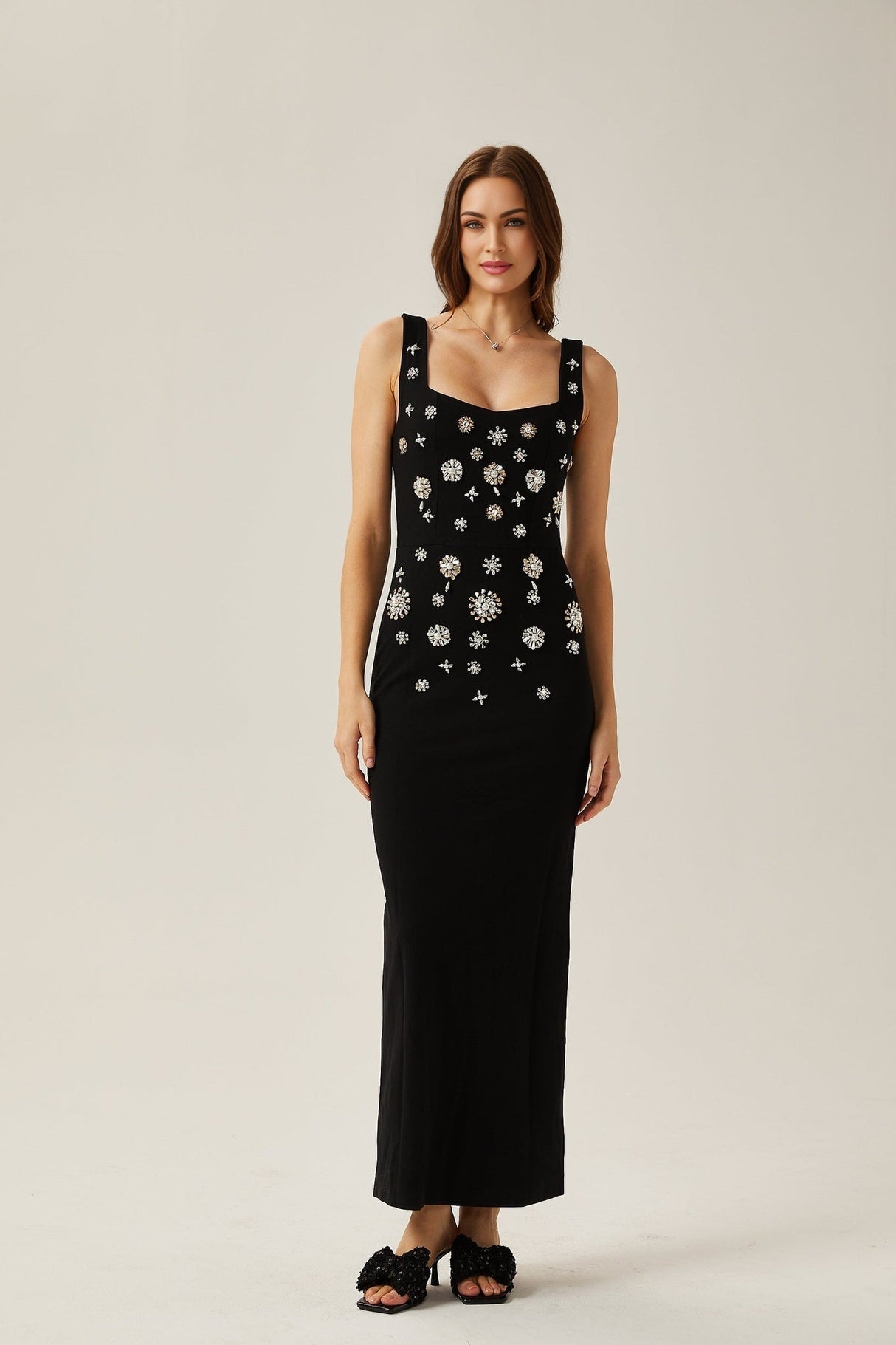 Emanuela Maxi Dress - Scoop Neck Design - Crystal Embellishment - Rear Slit - Rear Zip Fastening