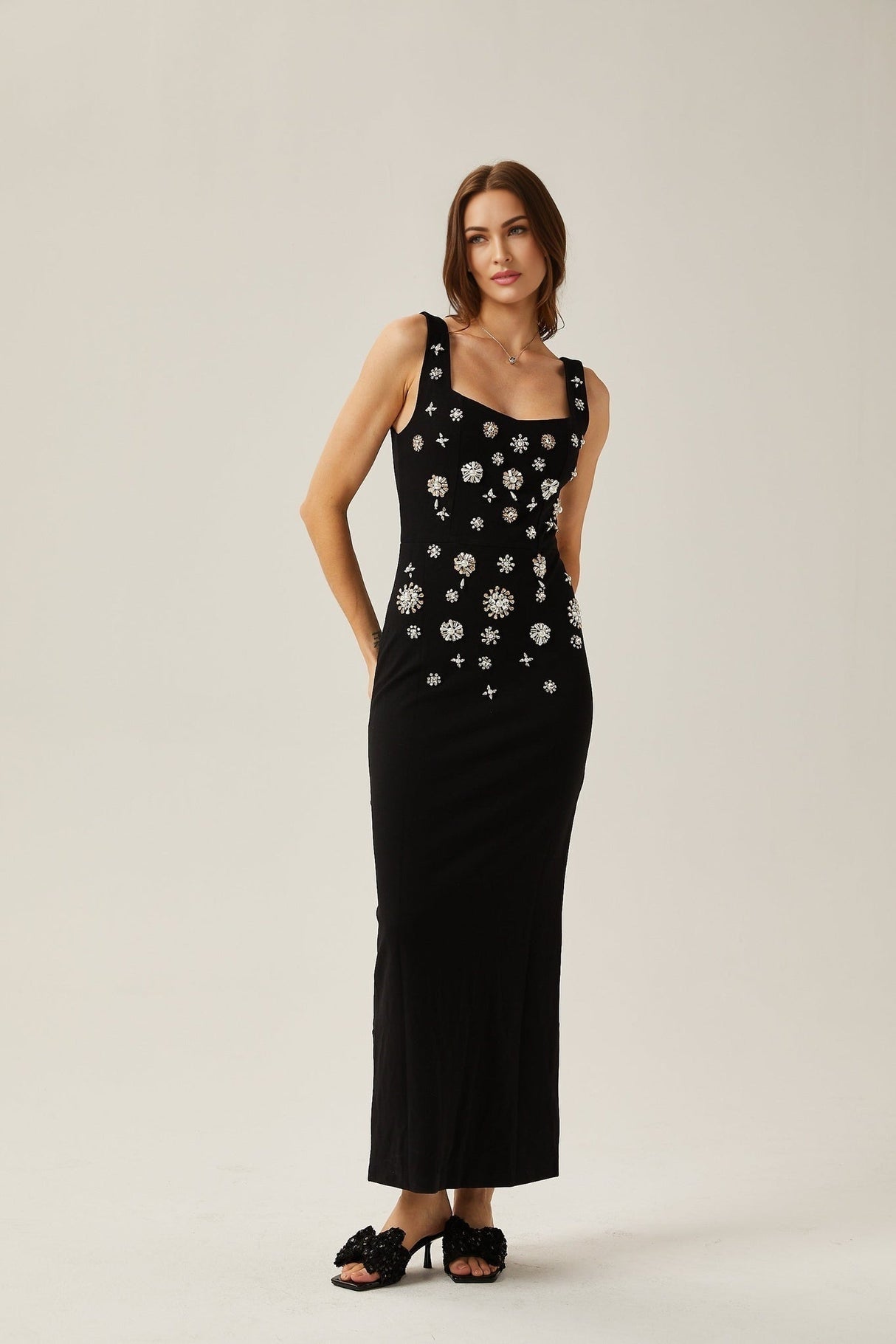 Emanuela Maxi Dress - Scoop Neck Design - Crystal Embellishment - Rear Slit - Rear Zip Fastening