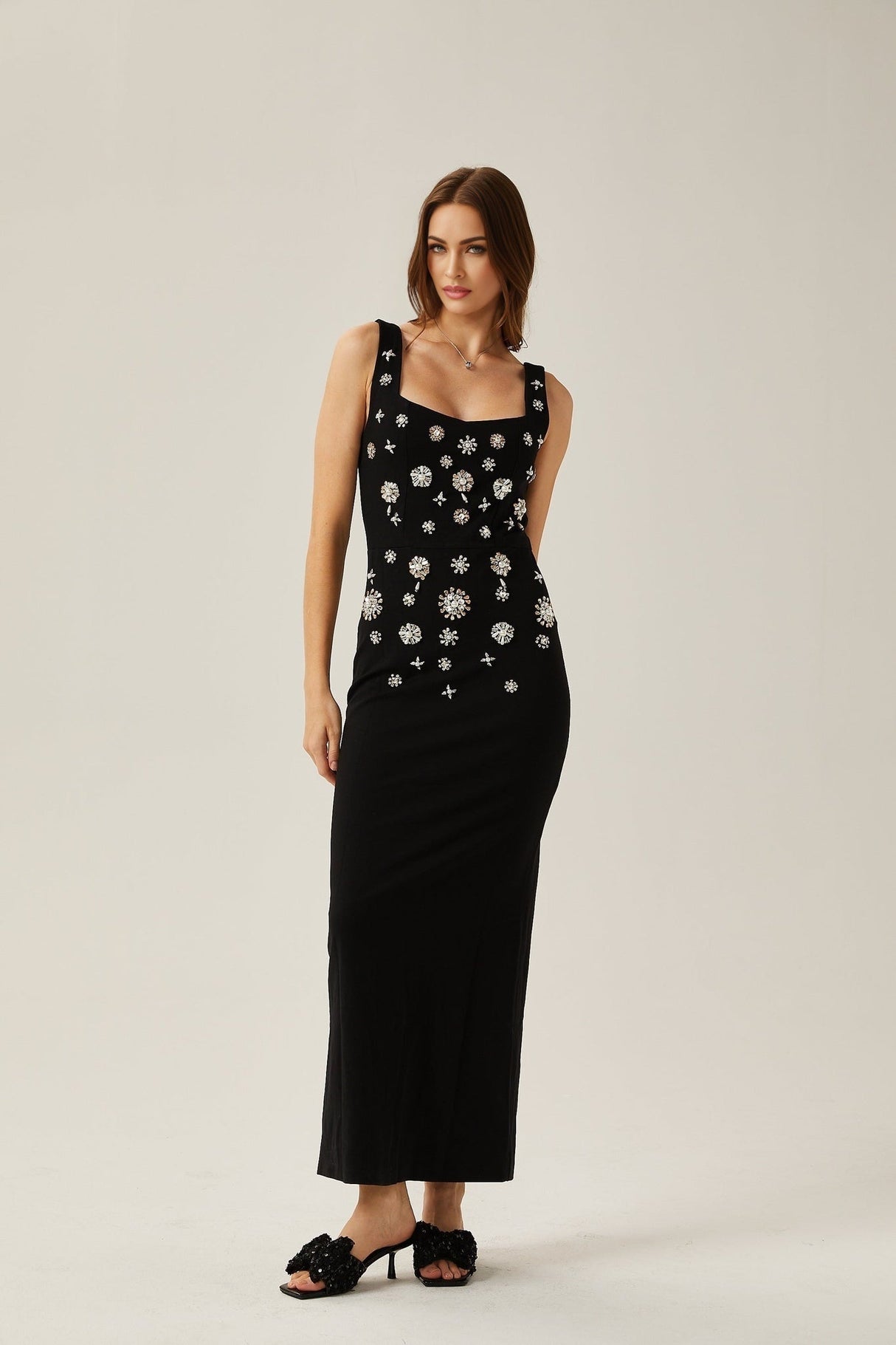 Emanuela Maxi Dress - Scoop Neck Design - Crystal Embellishment - Rear Slit - Rear Zip Fastening
