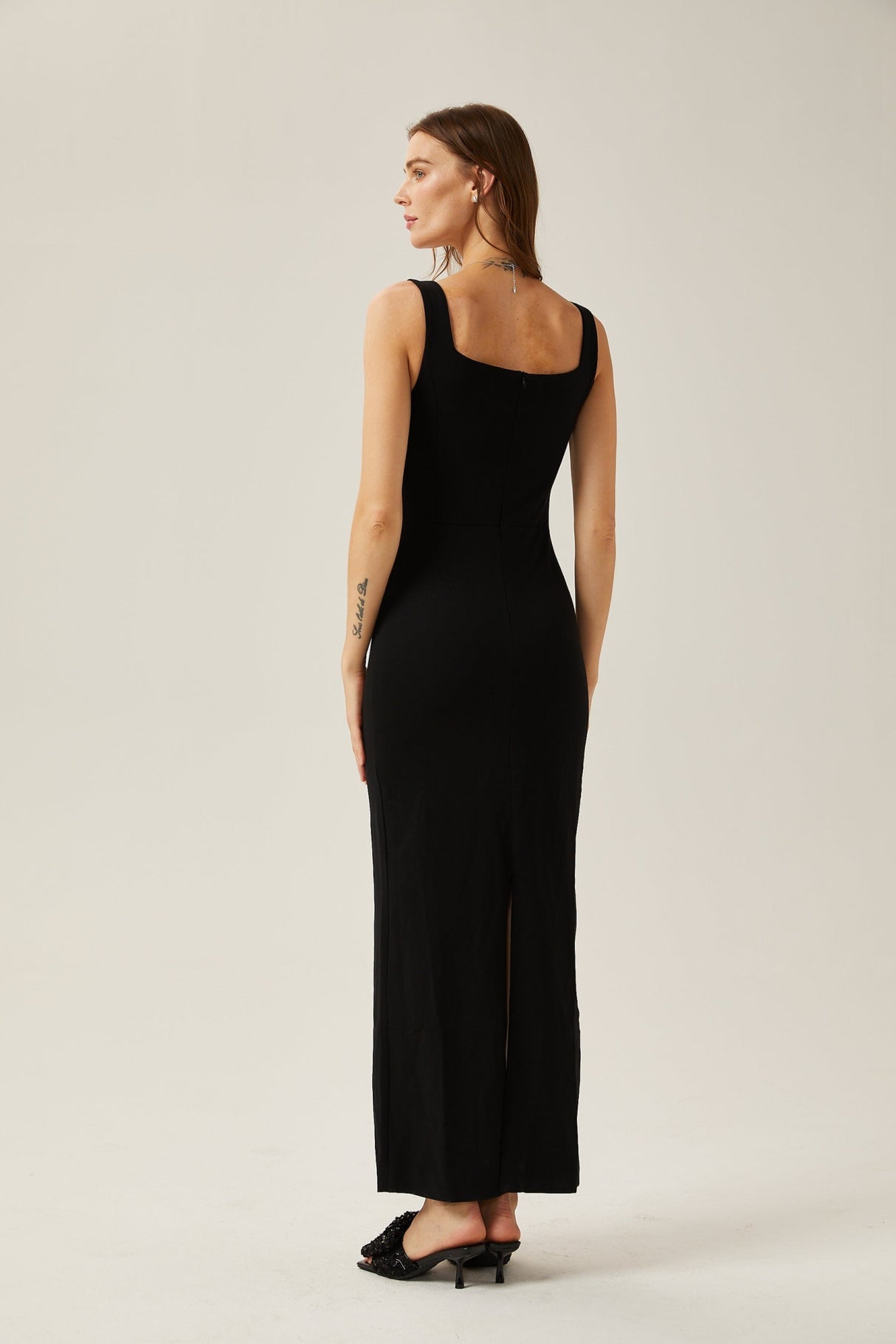 Emanuela Maxi Dress - Scoop Neck Design - Crystal Embellishment - Rear Slit - Rear Zip Fastening
