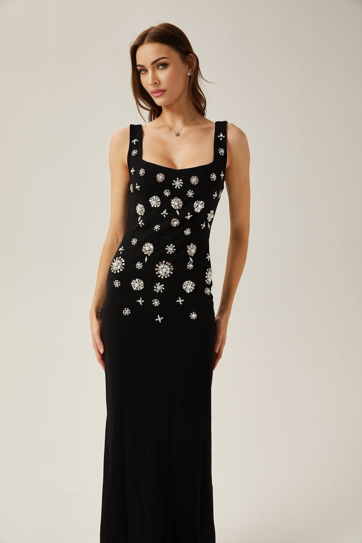 Emanuela Maxi Dress - Scoop Neck Design - Crystal Embellishment - Rear Slit - Rear Zip Fastening