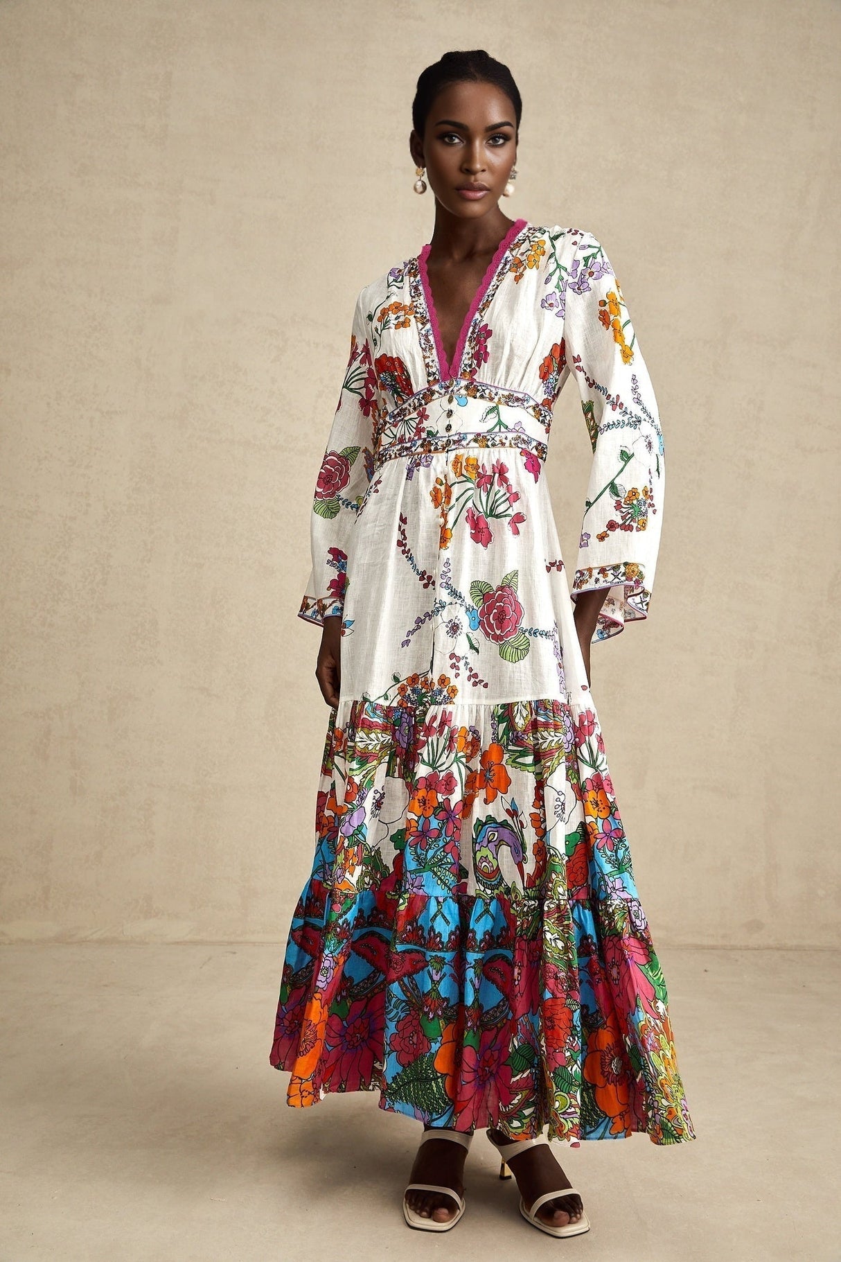 Emanuela Midi Dress - V Neck - Graphic Print - Front Buttons - Shaped Waist - Shirred Back