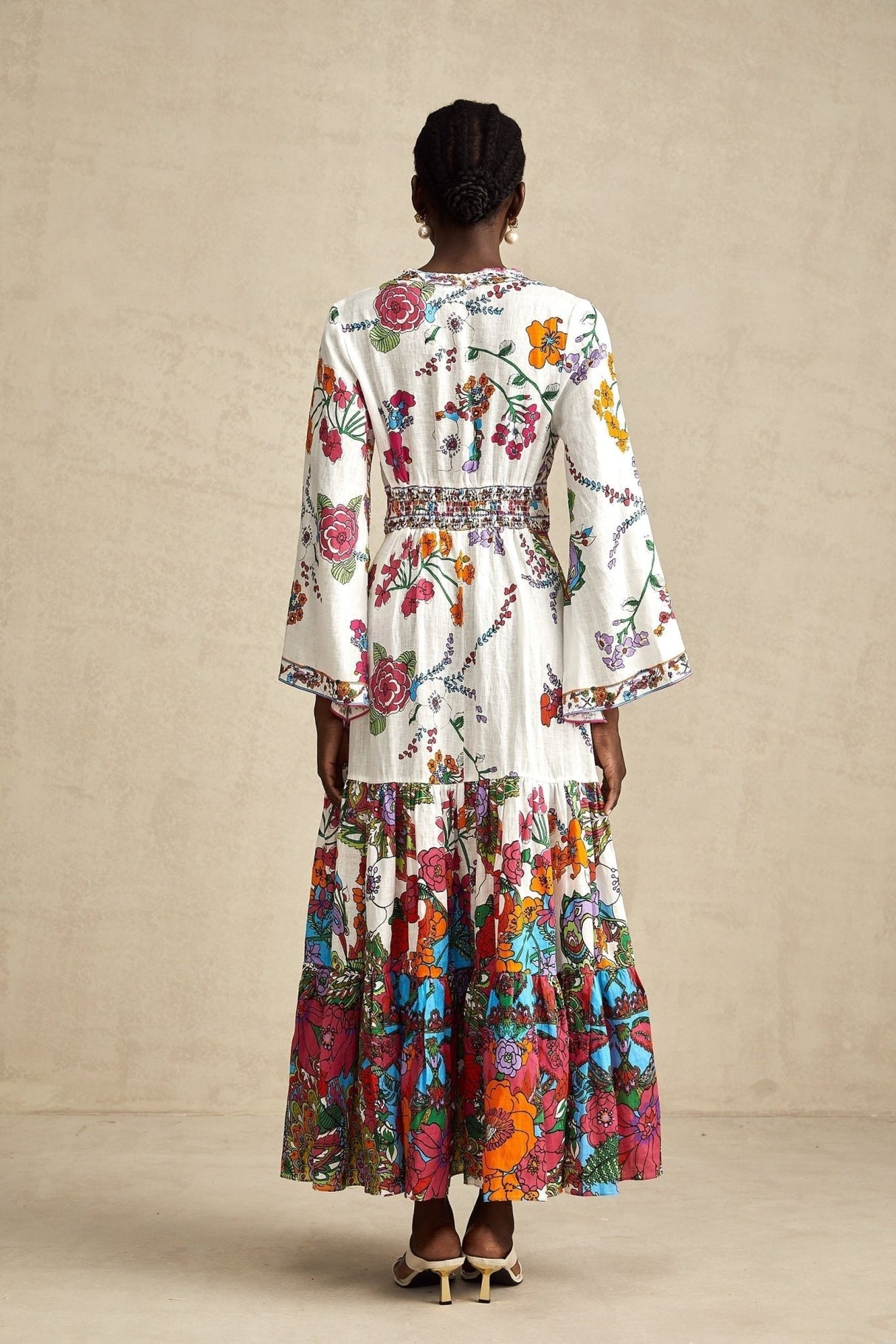 Emanuela Midi Dress - V Neck - Graphic Print - Front Buttons - Shaped Waist - Shirred Back