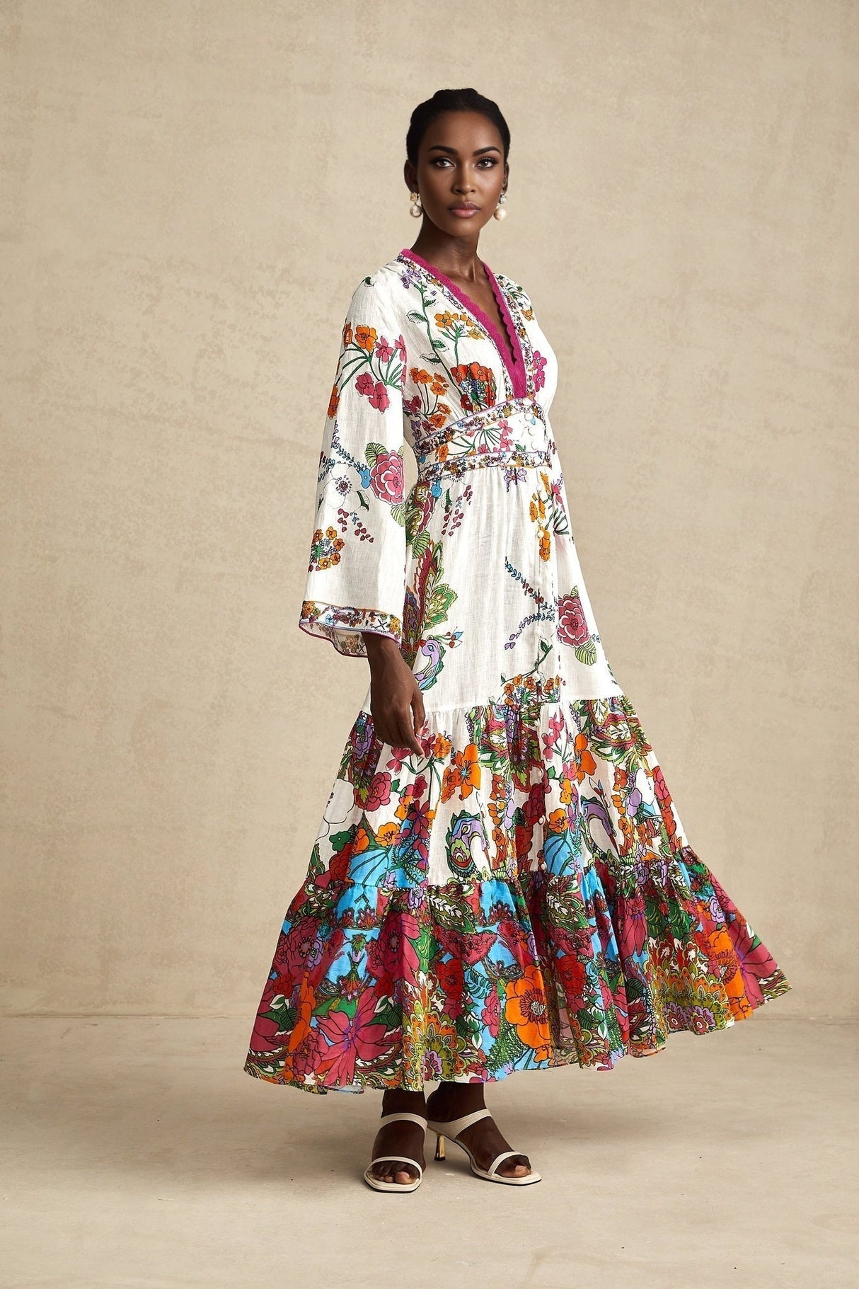 Emanuela Midi Dress - V Neck - Graphic Print - Front Buttons - Shaped Waist - Shirred Back