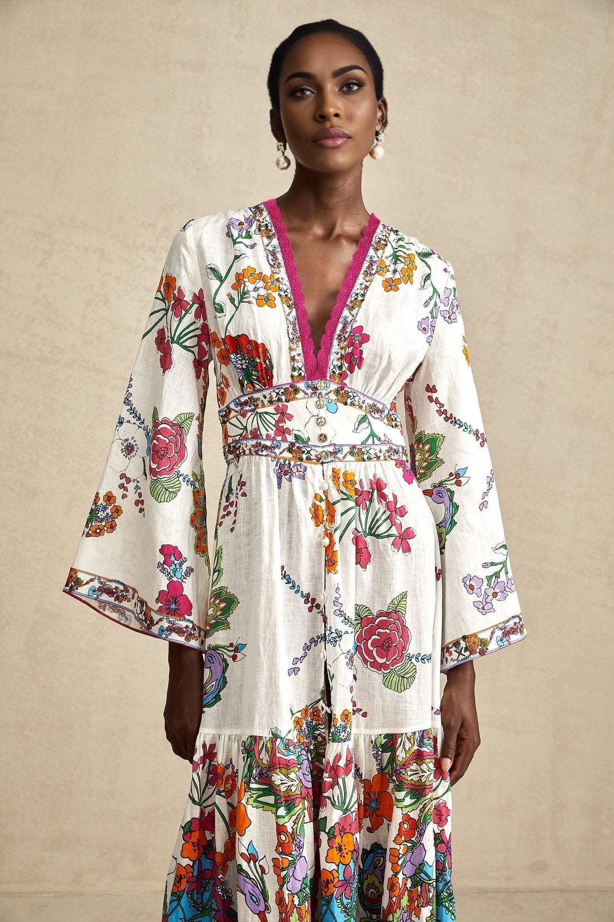 Emanuela Midi Dress - V Neck - Graphic Print - Front Buttons - Shaped Waist - Shirred Back