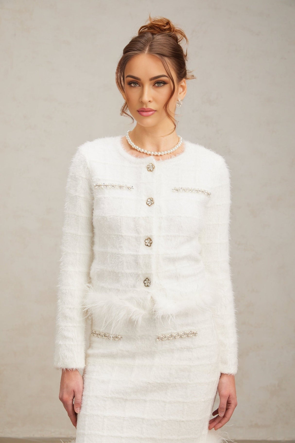 Ember Cardigan & Skirt - Waffle Knit Design - Feather Trim - Crystal Embellishment - Chic Button Detailing