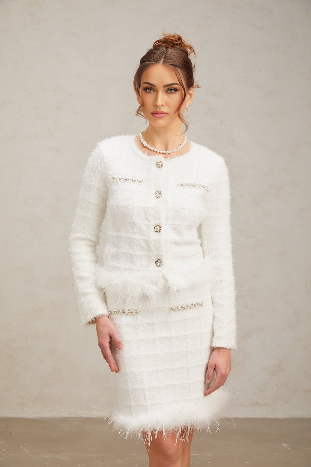 Ember Cardigan & Skirt - Waffle Knit Design - Feather Trim - Crystal Embellishment - Chic Button Detailing