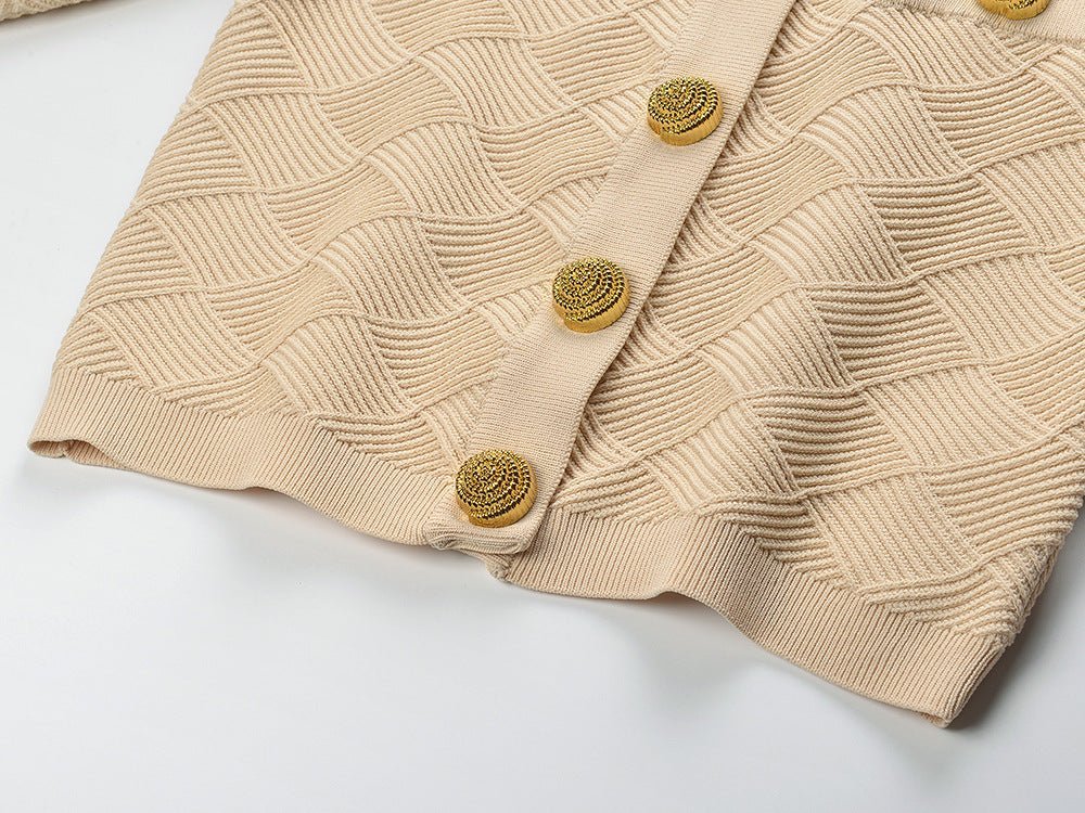 Ember Cropped Structured Jacket - Textured Diamond Pattern - Gold Lion - Head Buttons