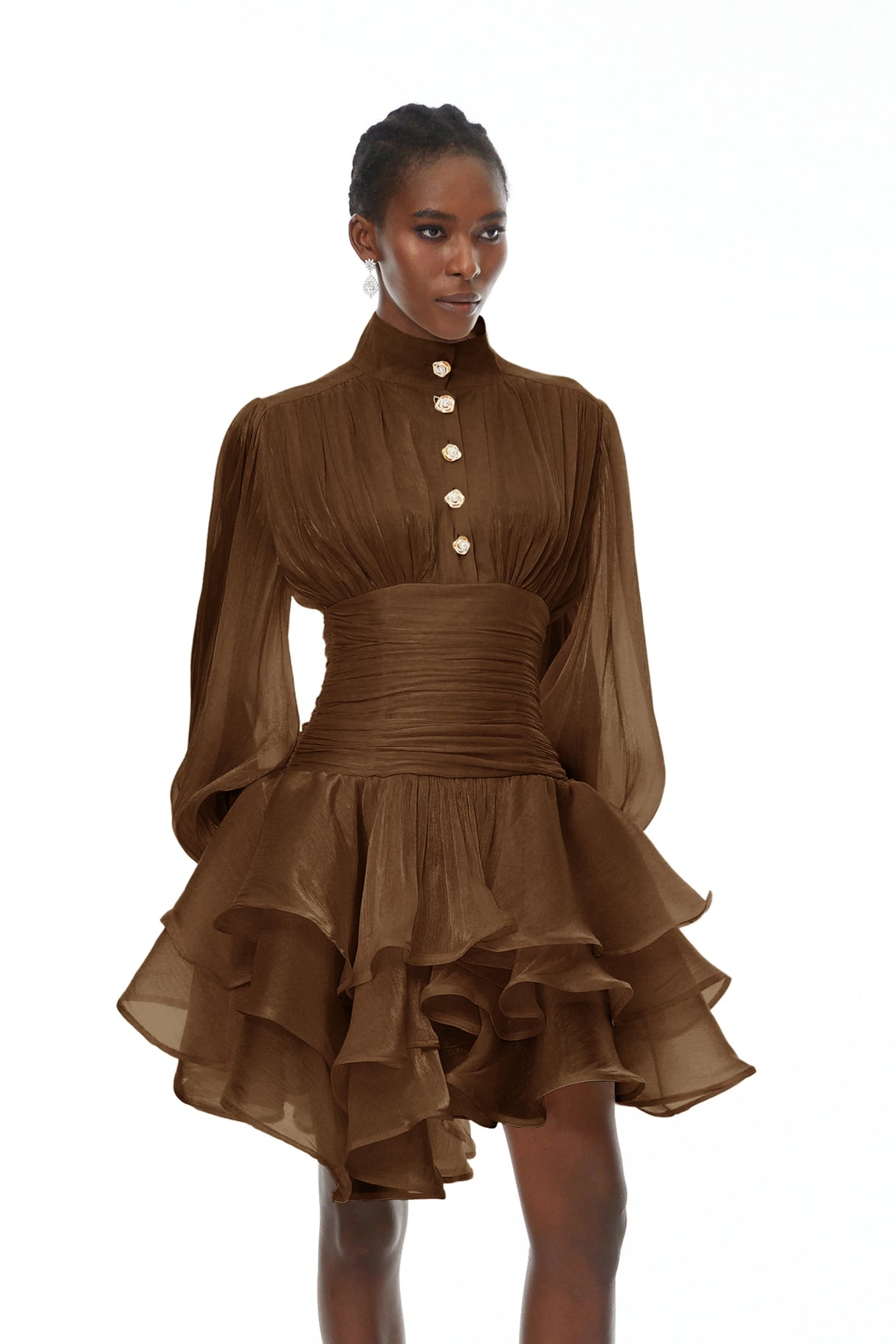 Emersyn Brown HighNeck Ruffled Detail Mini Dress