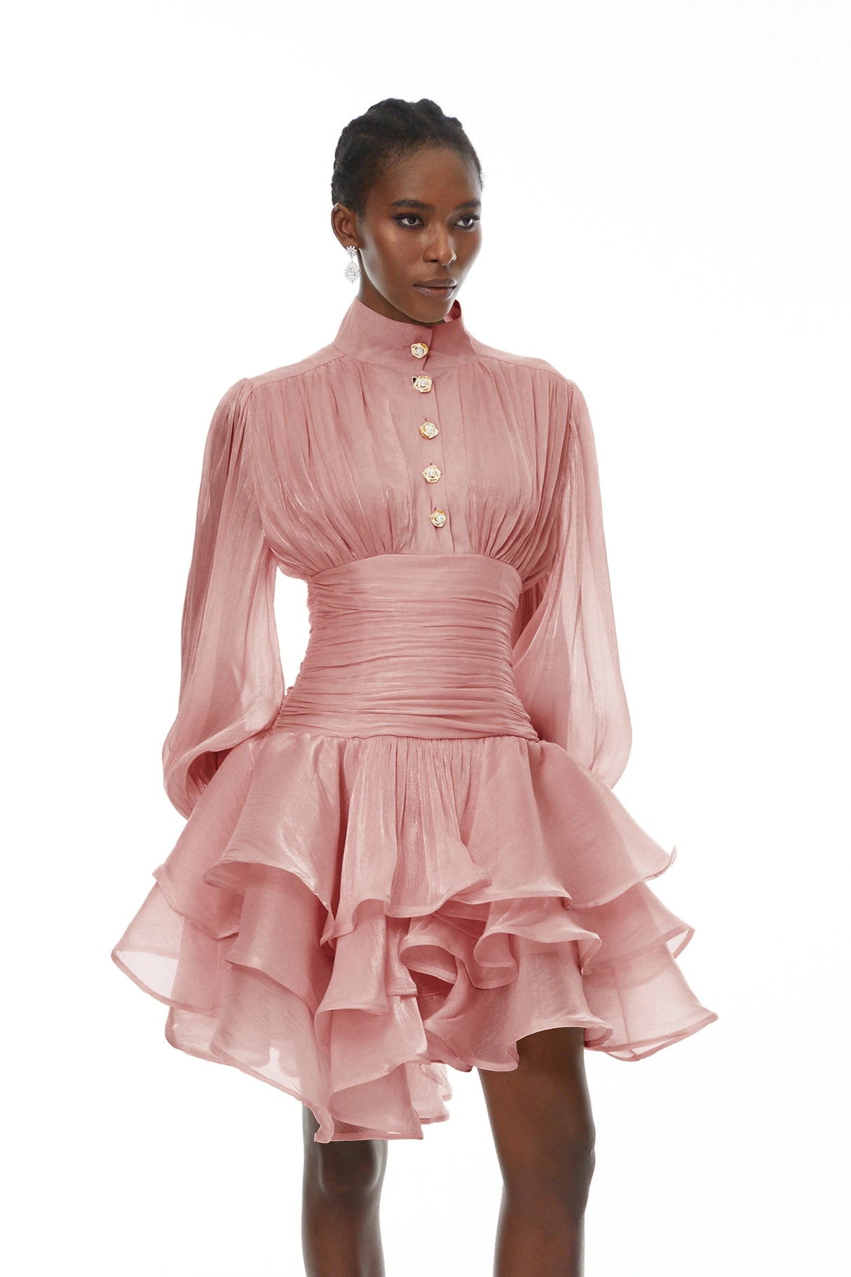 Emersyn Pink HighNeck Ruffled Detail Mini Dress