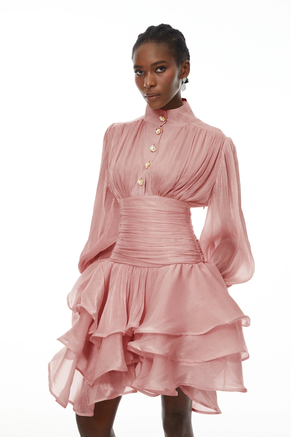 Emersyn Pink HighNeck Ruffled Detail Mini Dress