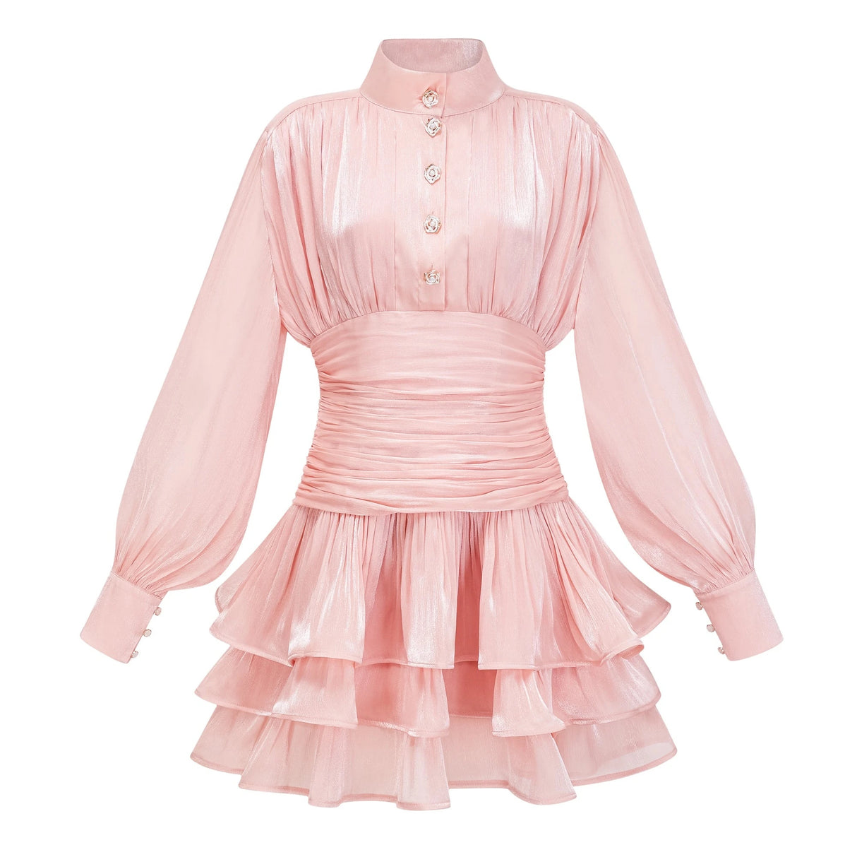 Emersyn Pink HighNeck Ruffled Detail Mini Dress