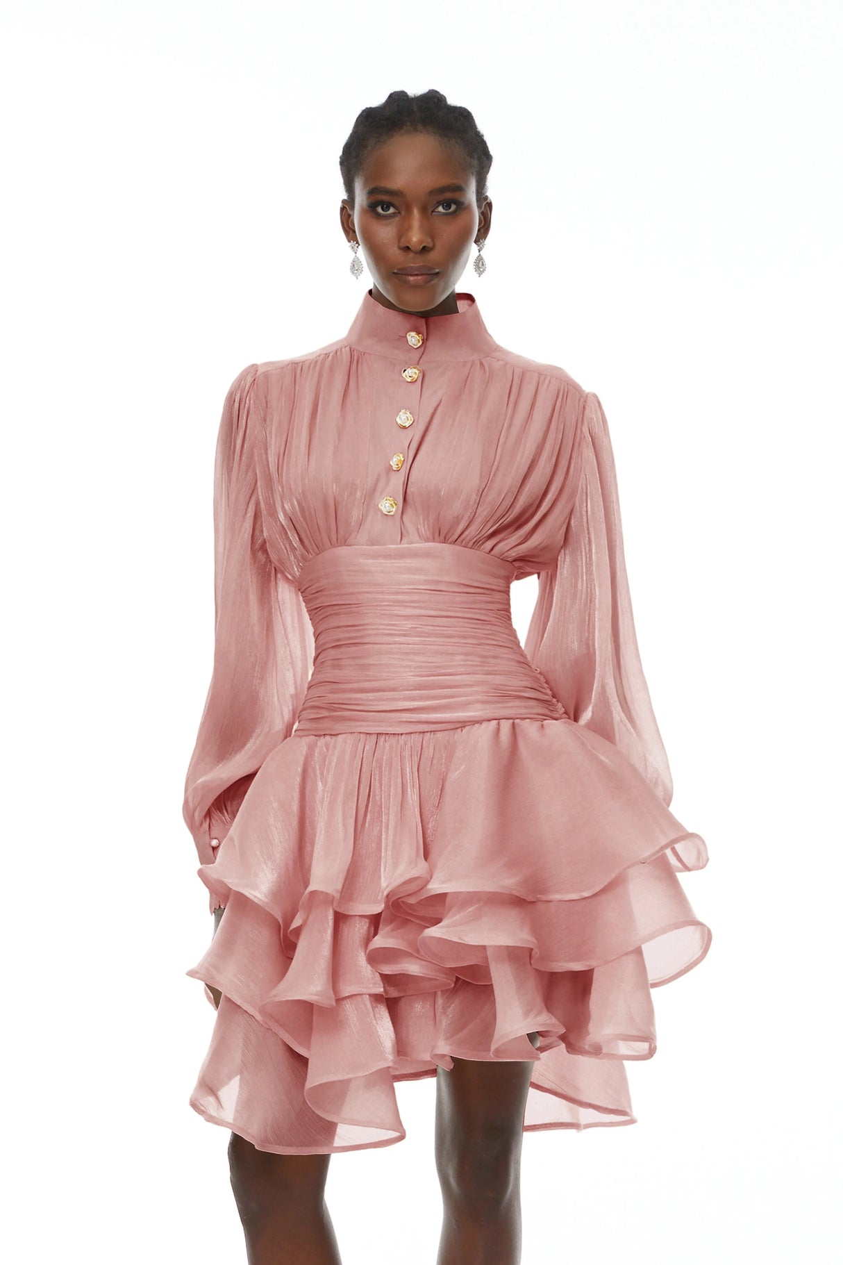 Emersyn Pink HighNeck Ruffled Detail Mini Dress