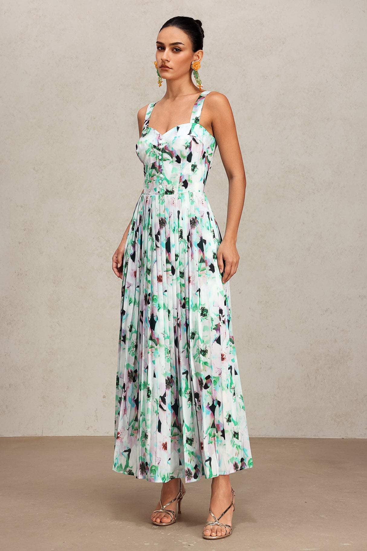 Emery Green Floral Maxi Dress Halter Neckline Pleating Detailing Lightweight Material Elegant Profile Summer Outings Special Occasions