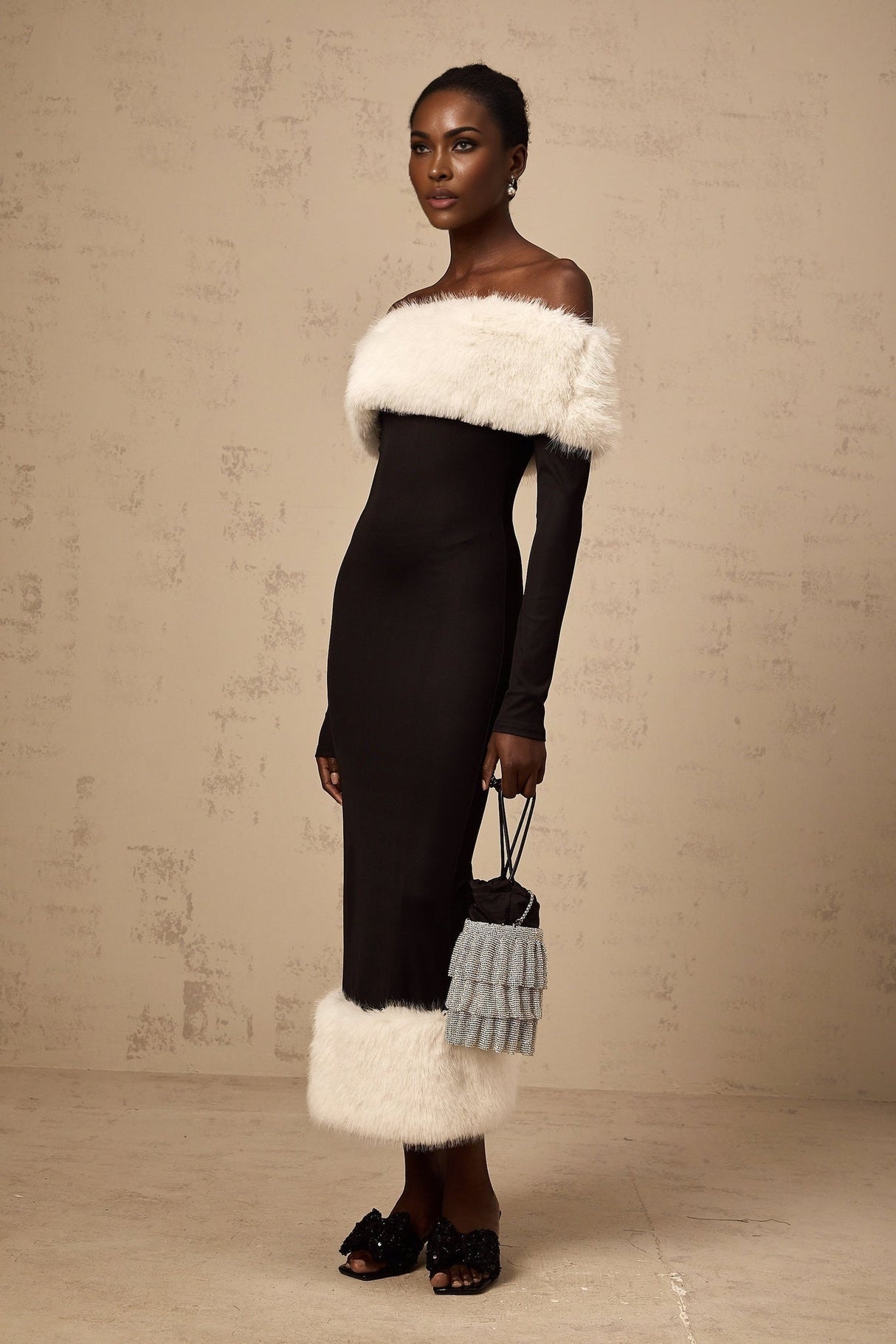 Emery Midi Dress - Off the Shoulder - Long Sleeves - Fitted Silhouette - Detachable Faux - Fur Trim