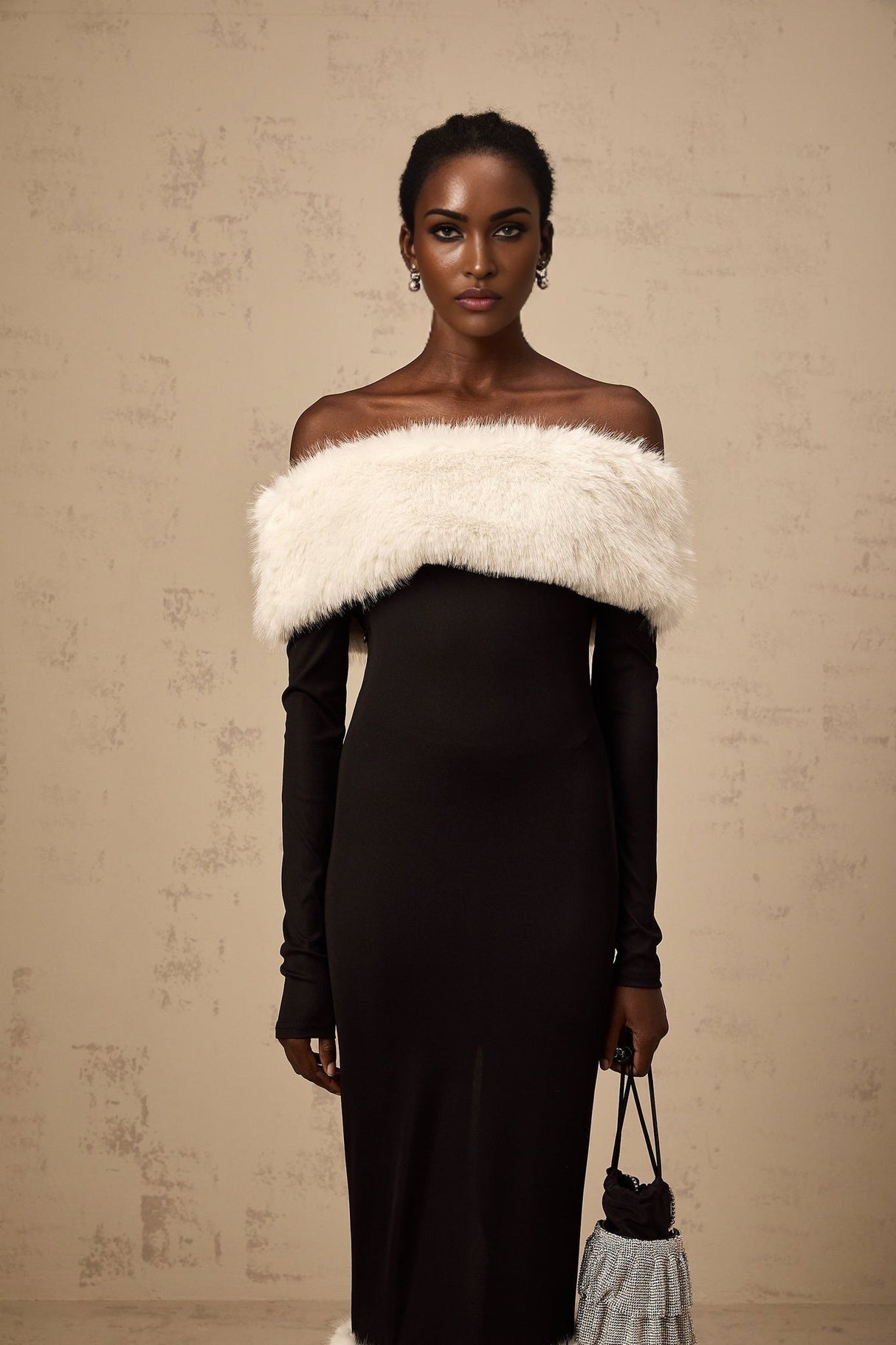 Emery Midi Dress - Off the Shoulder - Long Sleeves - Fitted Silhouette - Detachable Faux - Fur Trim