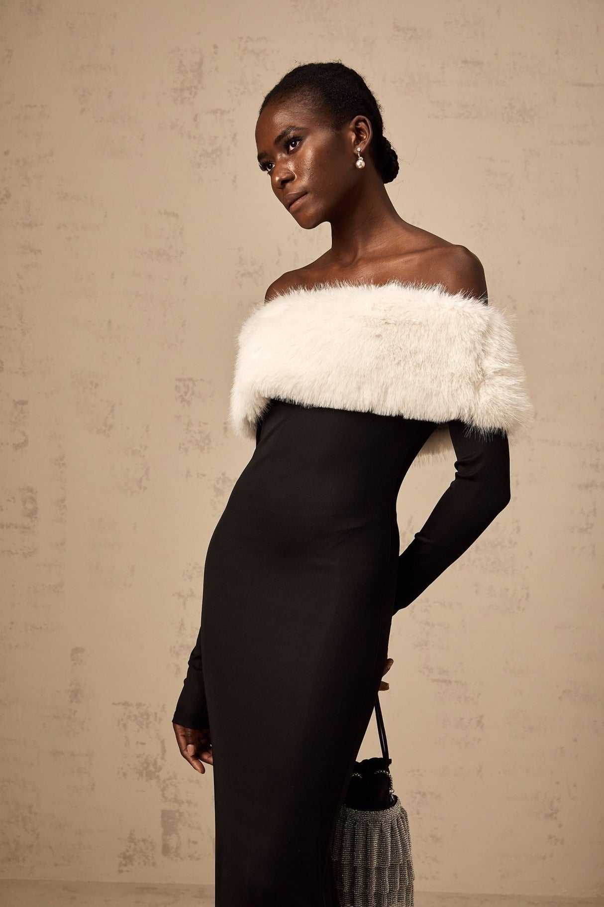 Emery Midi Dress - Off the Shoulder - Long Sleeves - Fitted Silhouette - Detachable Faux - Fur Trim