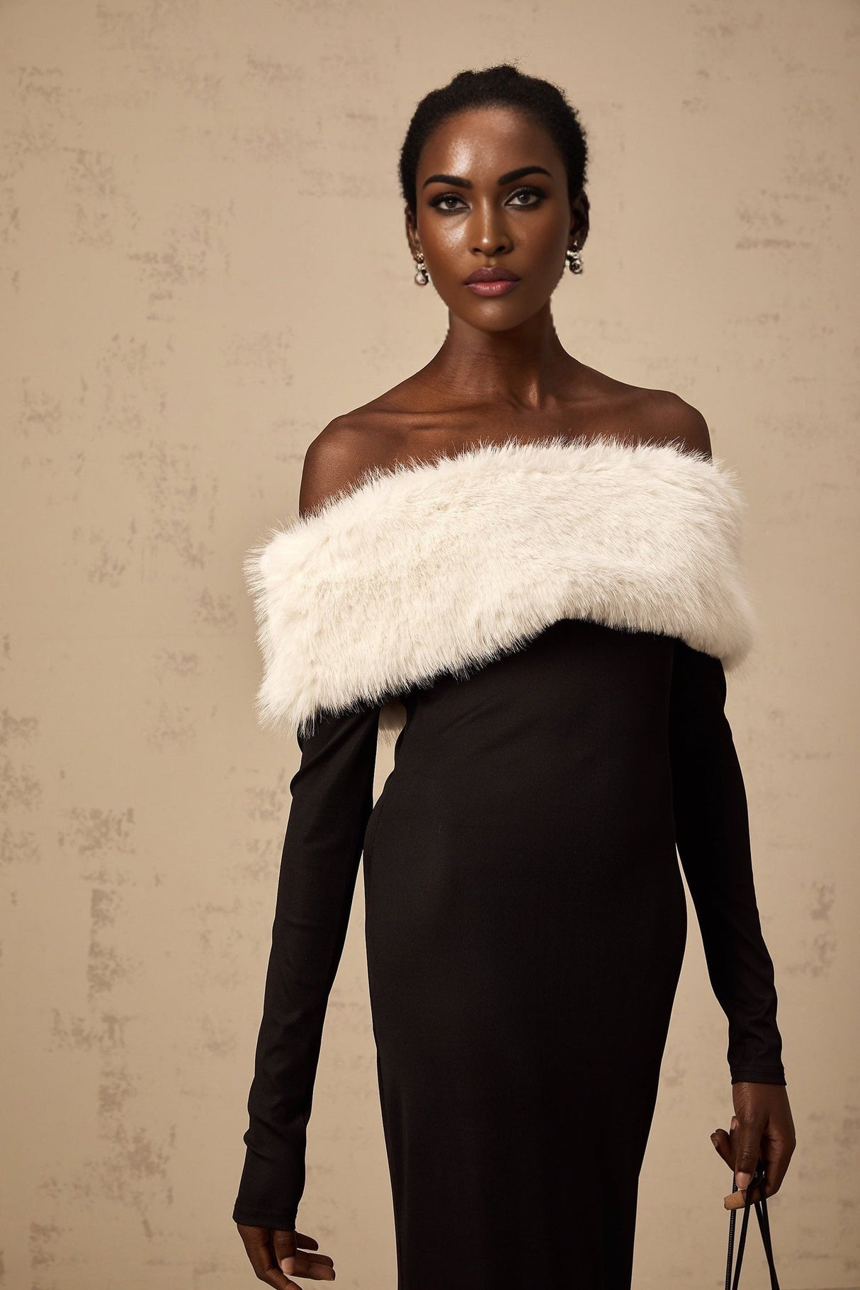 Emery Midi Dress - Off the Shoulder - Long Sleeves - Fitted Silhouette - Detachable Faux - Fur Trim