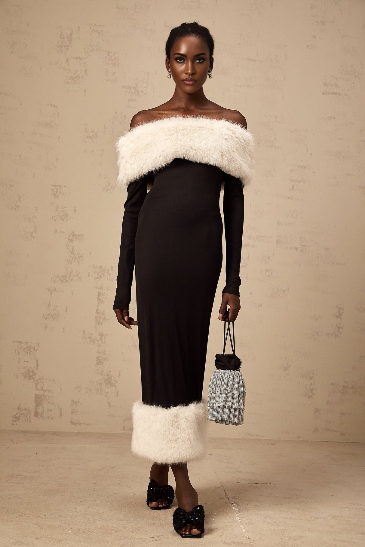 Emery Midi Dress - Off the Shoulder - Long Sleeves - Fitted Silhouette - Detachable Faux - Fur Trim