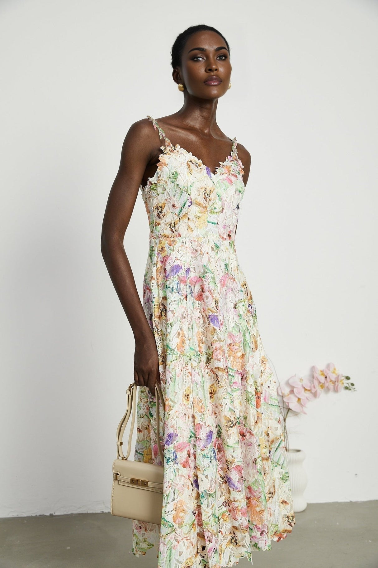 Emery Midi Dress - Sleeveless - V - neck - Floralembroidered - A - line skirt - Rear zip fastening