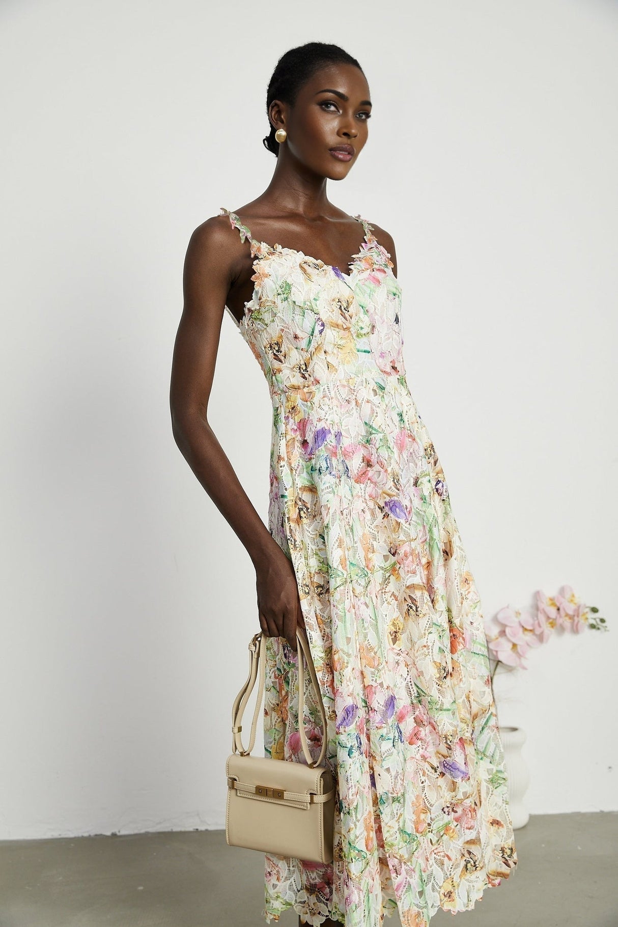 Emery Midi Dress - Sleeveless - V - neck - Floralembroidered - A - line skirt - Rear zip fastening