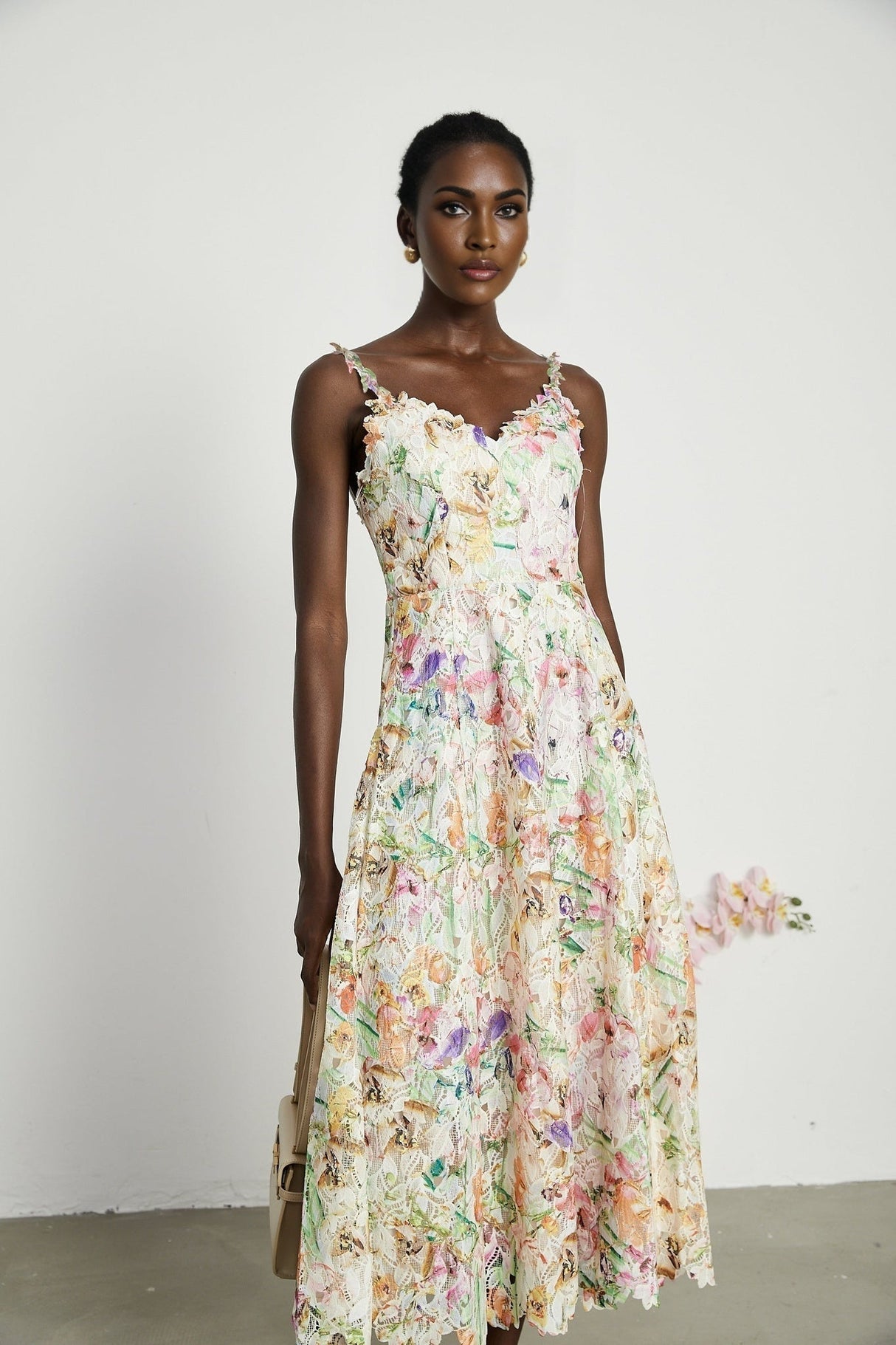Emery Midi Dress - Sleeveless - V - neck - Floralembroidered - A - line skirt - Rear zip fastening