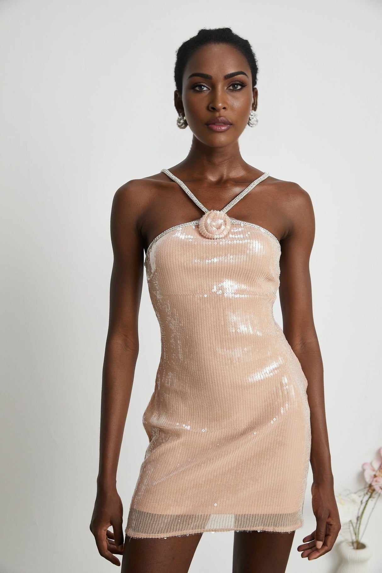 Emery Mini Dress – Sequin – Front Floral Decorated – Crystal Strap