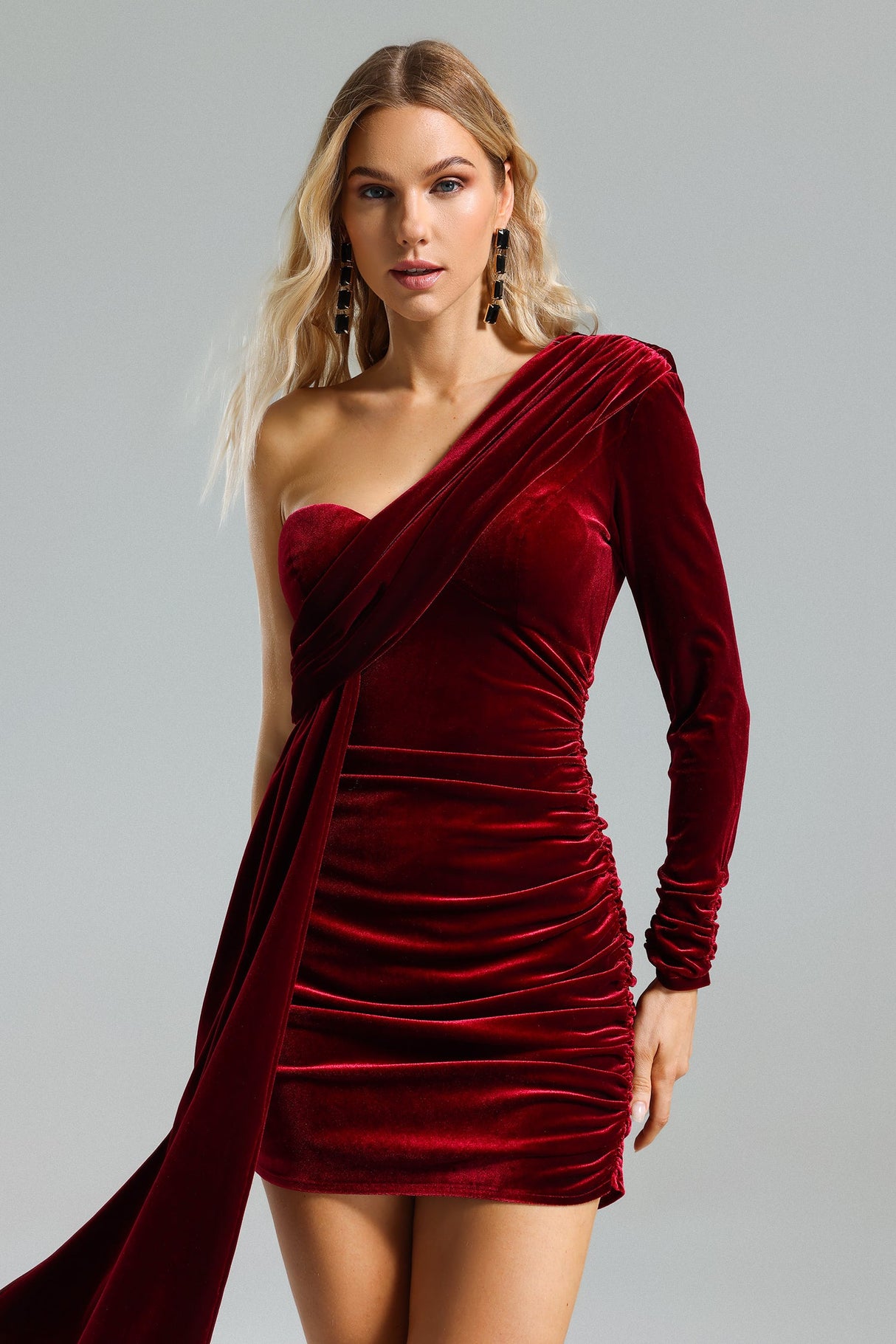 Emery Red Velvet One-Shoulder Pleated Dress