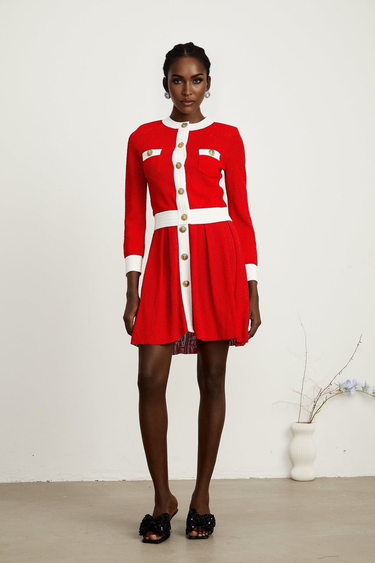 Emilee Cardigan - Pointelle - Round Neck - Long Sleeves - Contrasting Trim - Embossed Gold - Tone Buttons