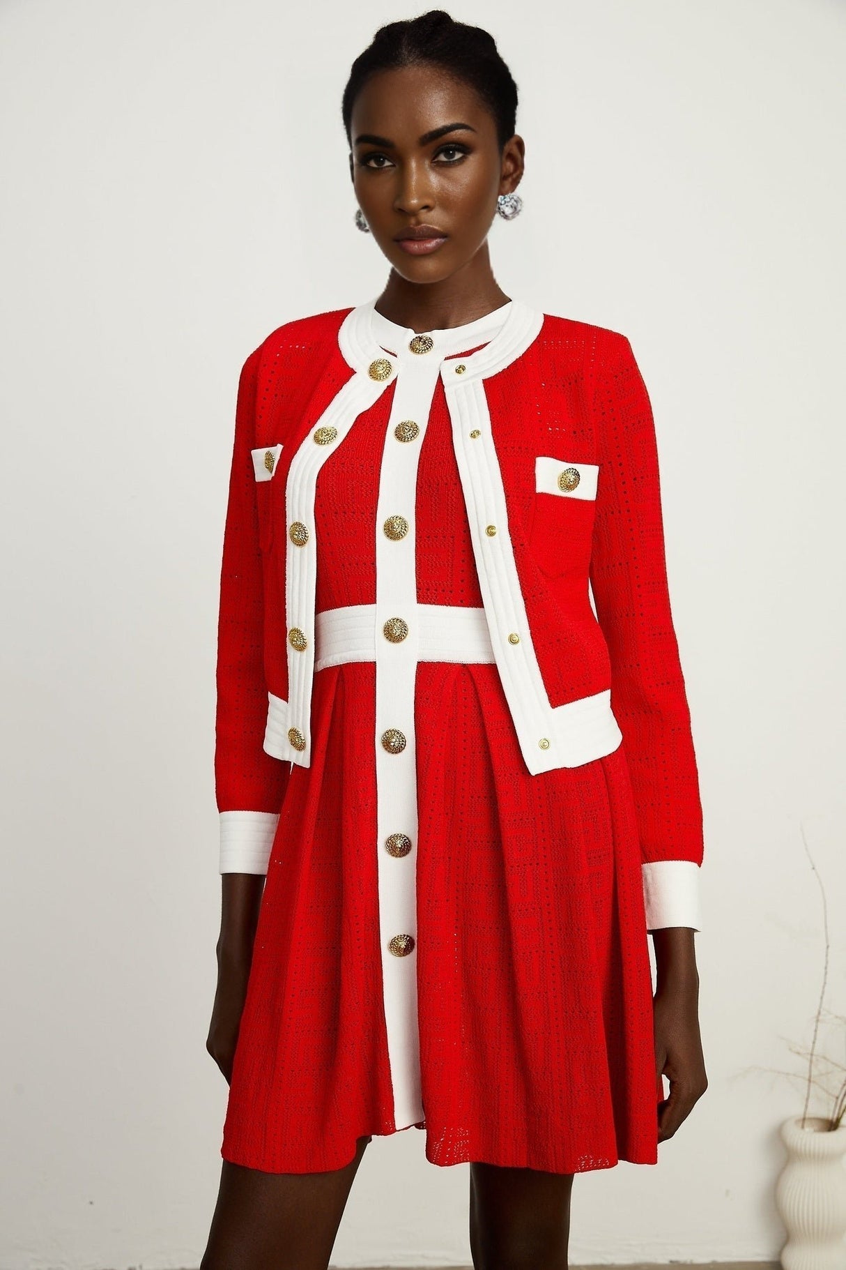 Emilee Cardigan - Pointelle - Round Neck - Long Sleeves - Contrasting Trim - Embossed Gold - Tone Buttons