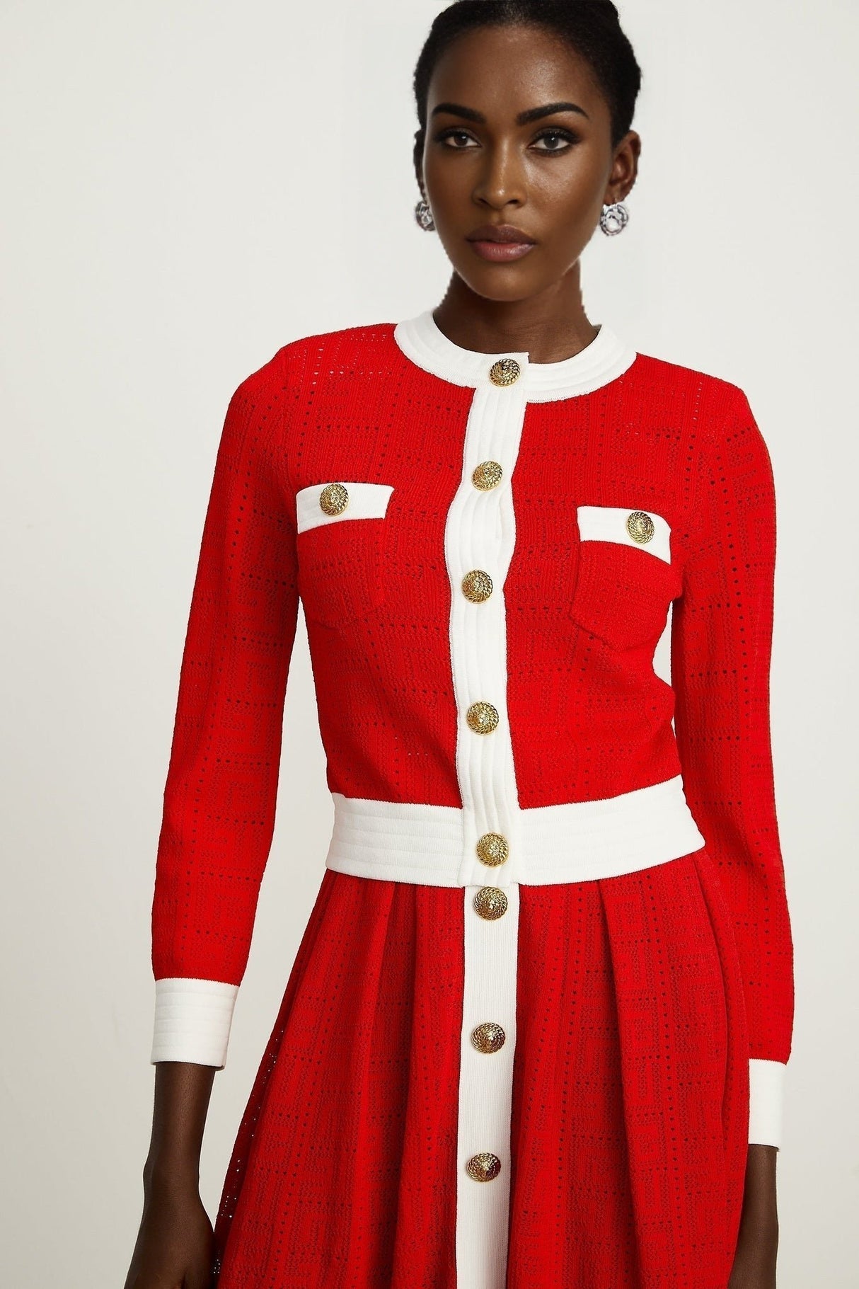 Emilee Cardigan - Pointelle - Round Neck - Long Sleeves - Contrasting Trim - Embossed Gold - Tone Buttons