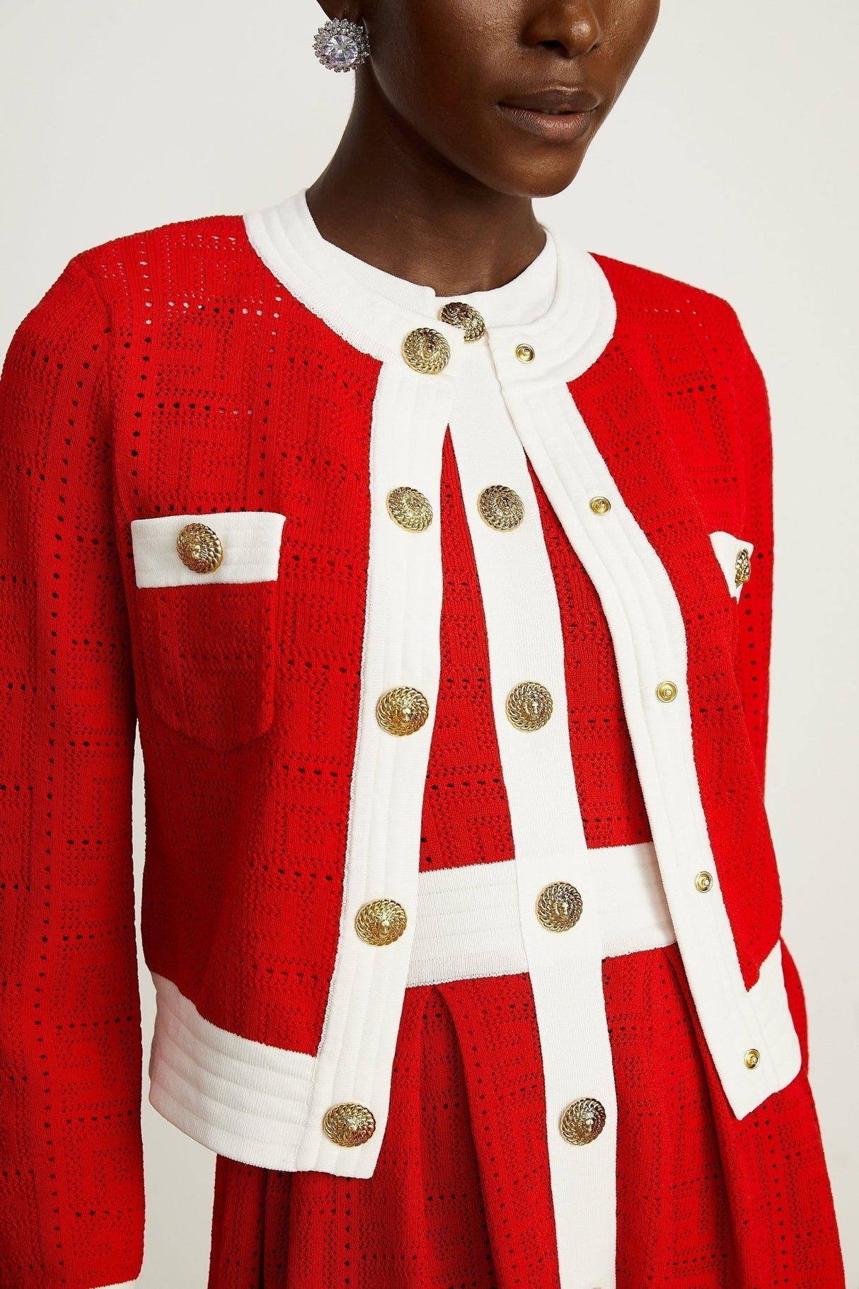 Emilee Cardigan - Pointelle - Round Neck - Long Sleeves - Contrasting Trim - Embossed Gold - Tone Buttons