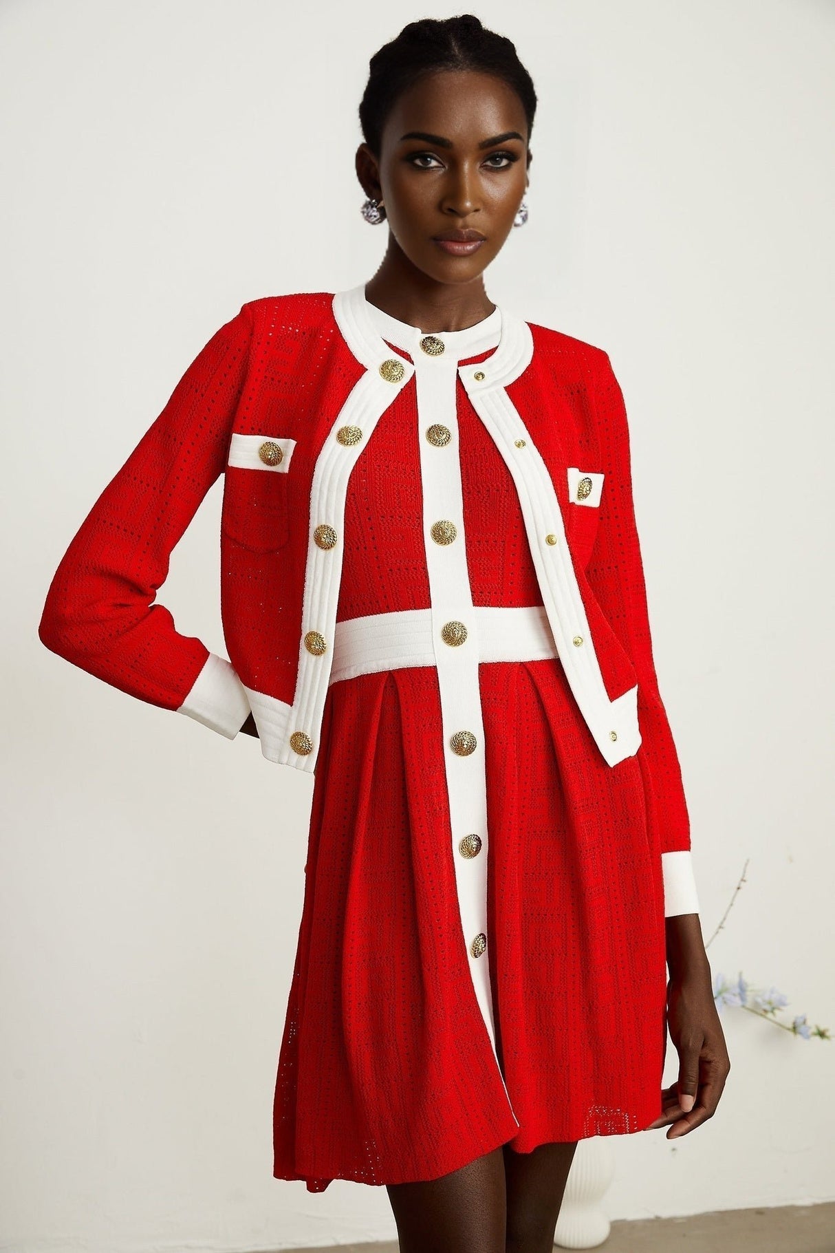 Emilee Cardigan - Pointelle - Round Neck - Long Sleeves - Contrasting Trim - Embossed Gold - Tone Buttons