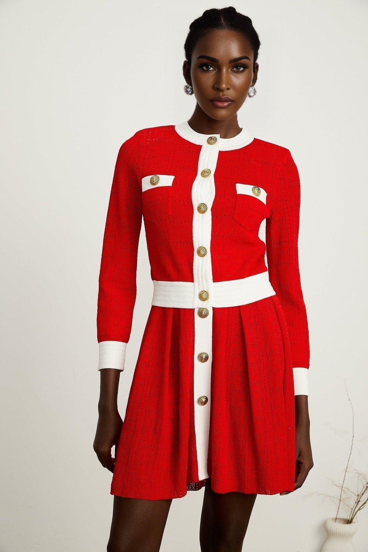 Emilee Cardigan - Pointelle - Round Neck - Long Sleeves - Contrasting Trim - Embossed Gold - Tone Buttons