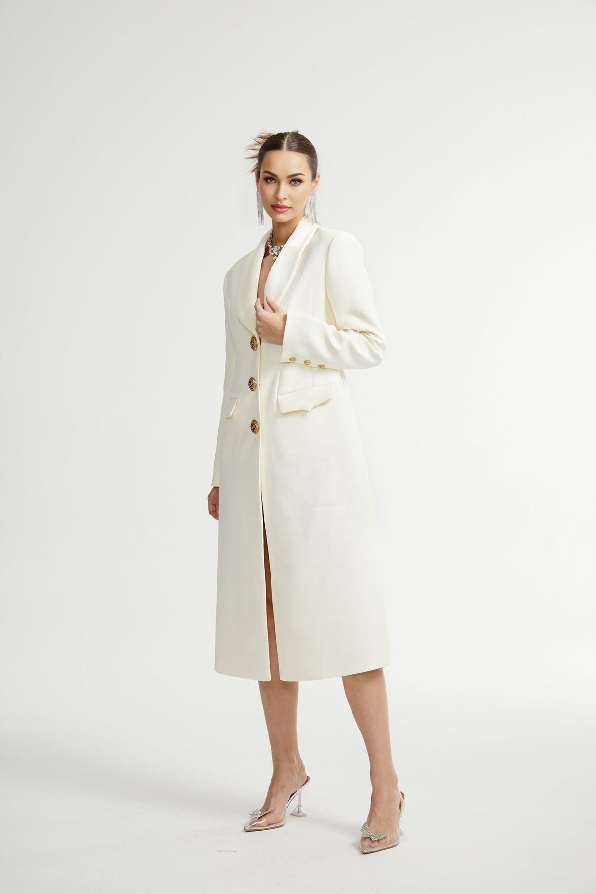 Emilee Coat - Wool Blend - Tonal Lapels - Button Front - Ankle Length