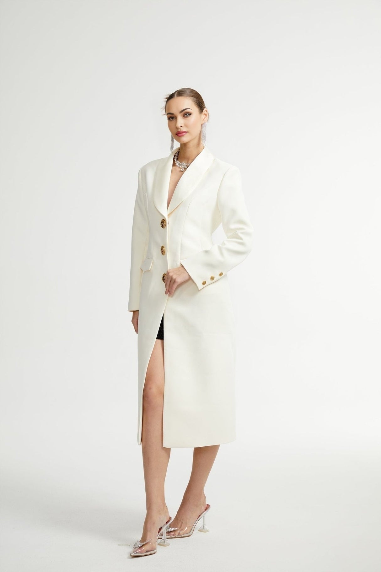 Emilee Coat - Wool Blend - Tonal Lapels - Button Front - Ankle Length