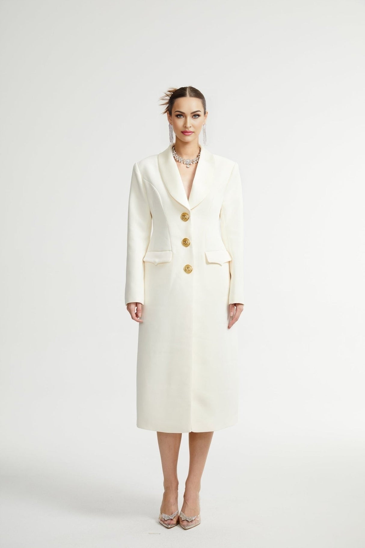Emilee Coat - Wool Blend - Tonal Lapels - Button Front - Ankle Length