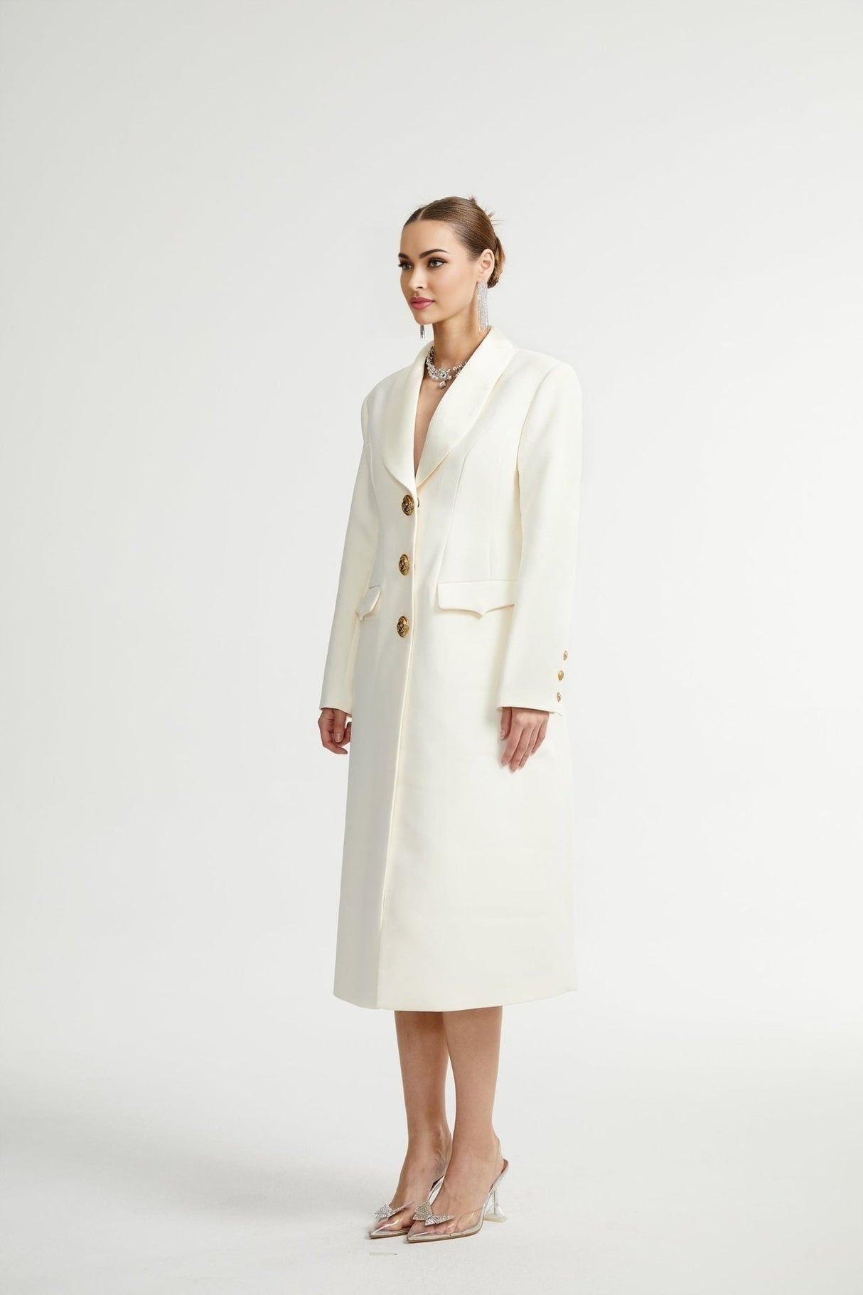 Emilee Coat - Wool Blend - Tonal Lapels - Button Front - Ankle Length