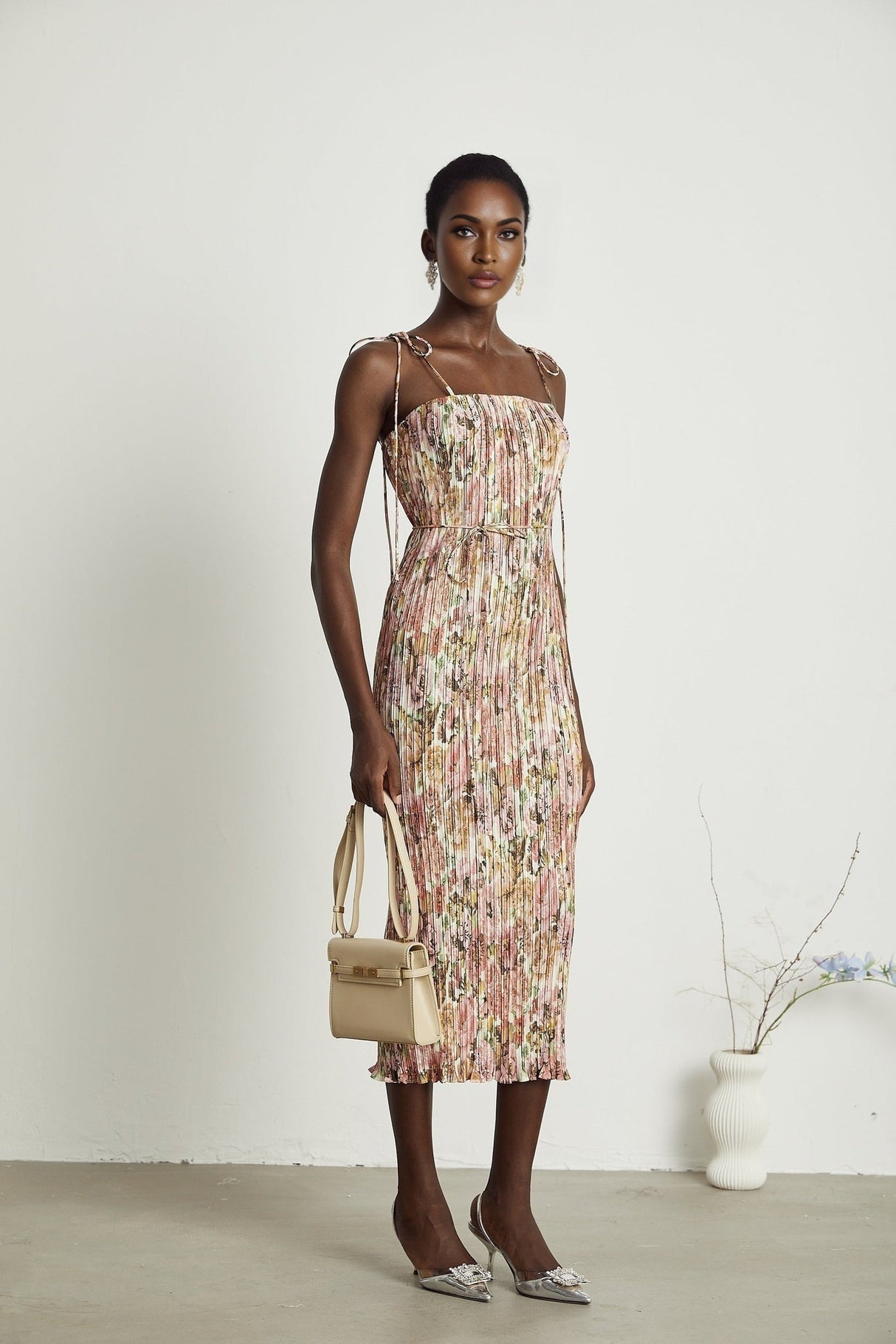 Emilee Midi Dress - Square Neckline - Sleeveless - Tied Shoulder Straps - Rose