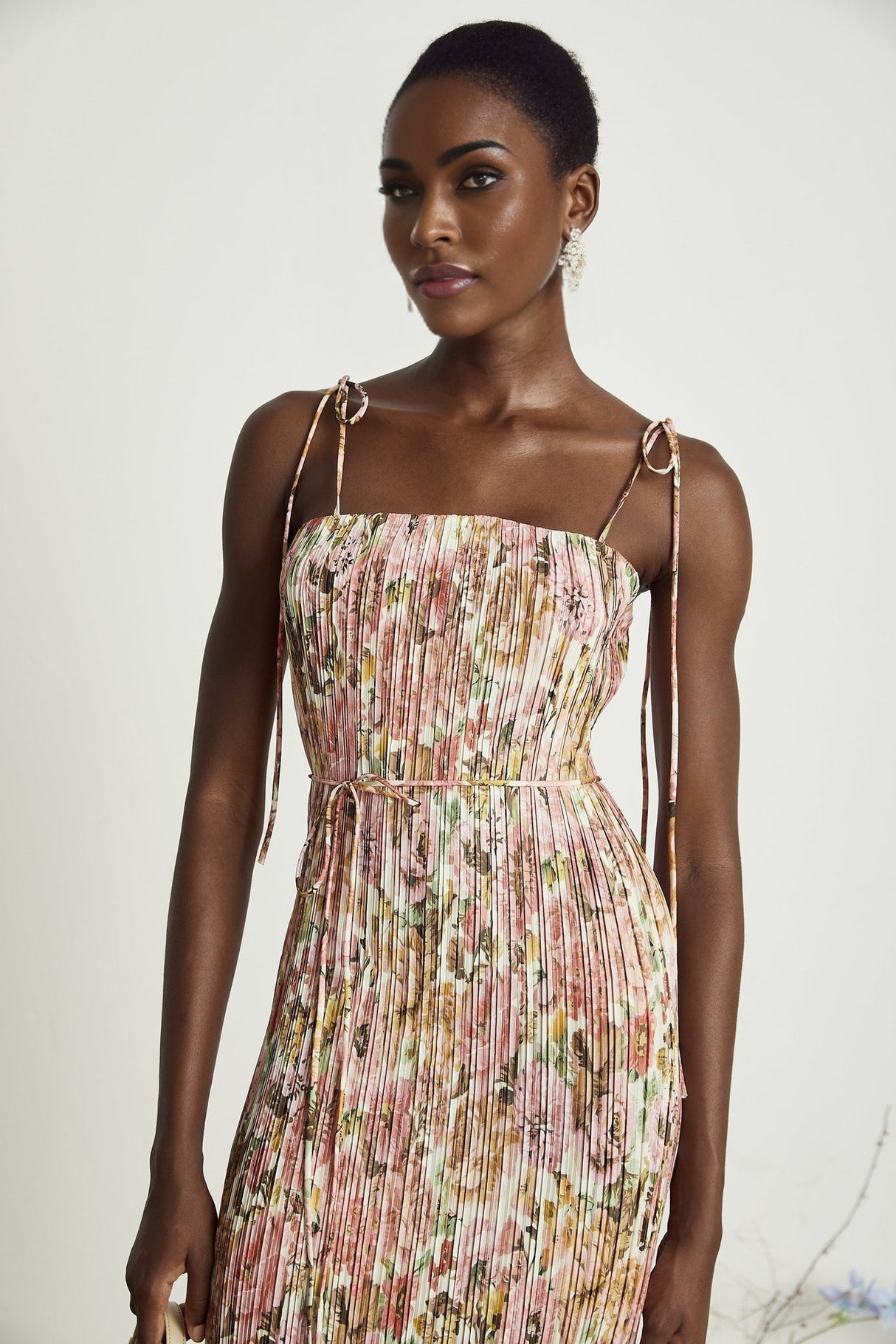 Emilee Midi Dress - Square Neckline - Sleeveless - Tied Shoulder Straps - Rose