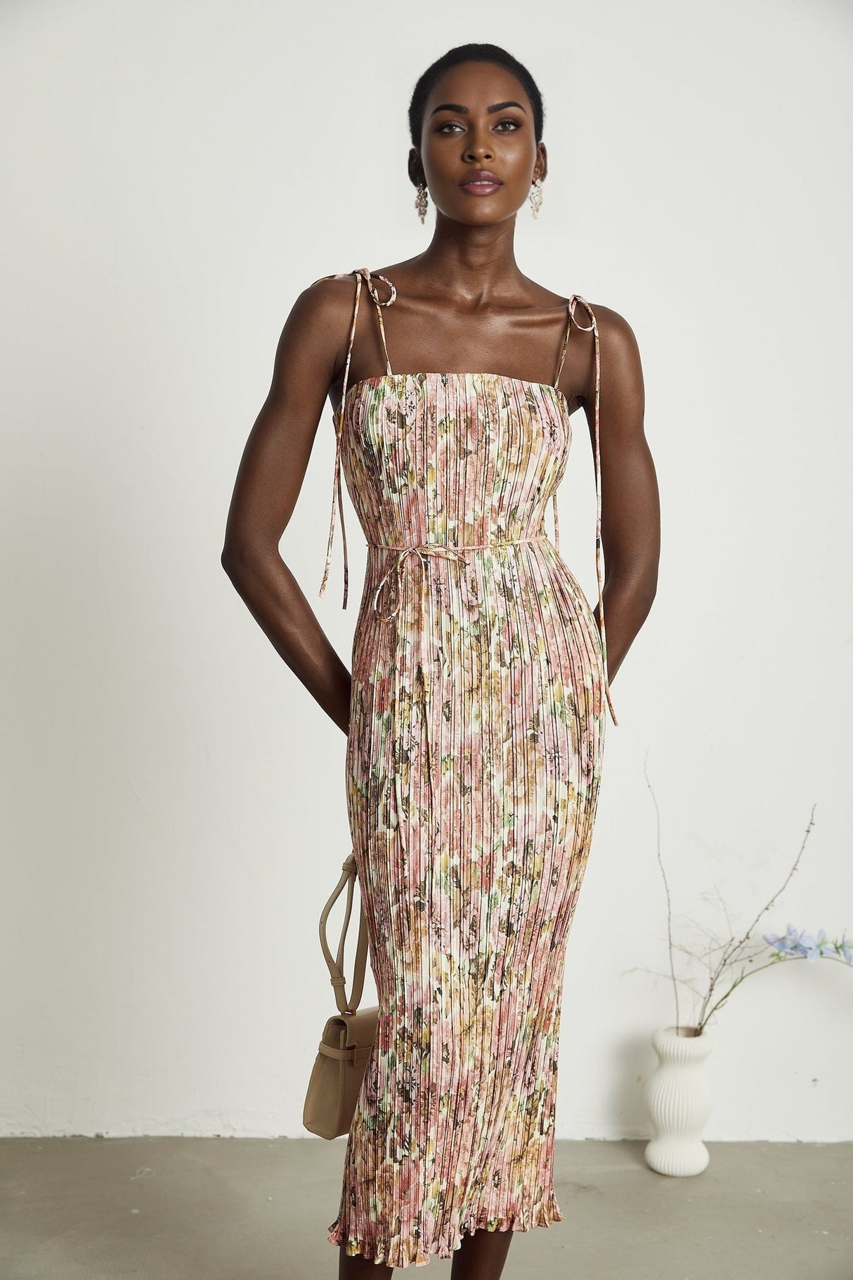 Emilee Midi Dress - Square Neckline - Sleeveless - Tied Shoulder Straps - Rose