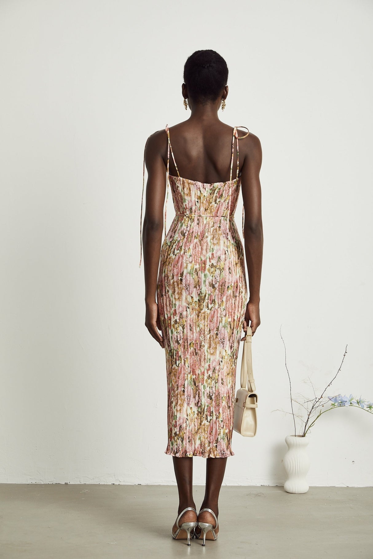 Emilee Midi Dress - Square Neckline - Sleeveless - Tied Shoulder Straps - Rose