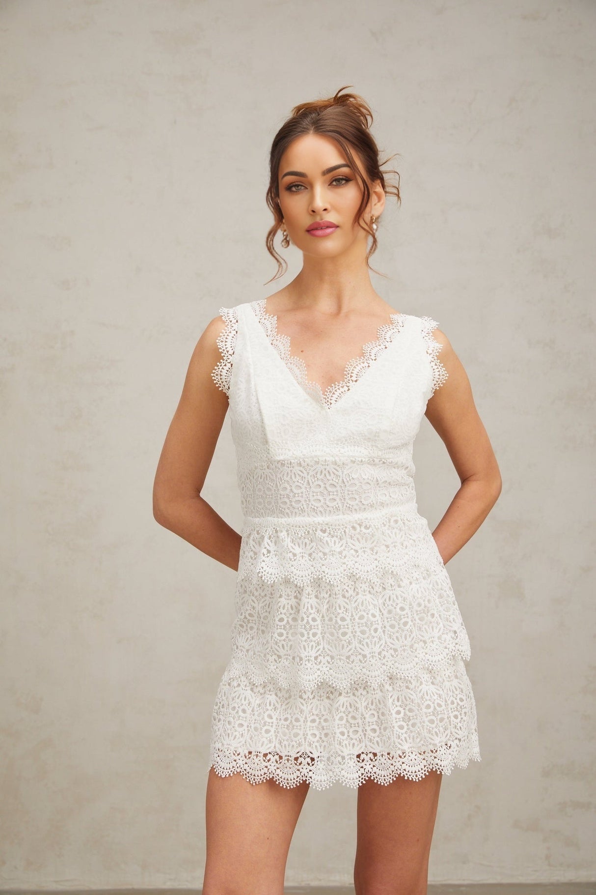 Emilee Mini Dress - V - neck - Sleeveless - Lace Trim - Tiered Design - Fitted Silhouette