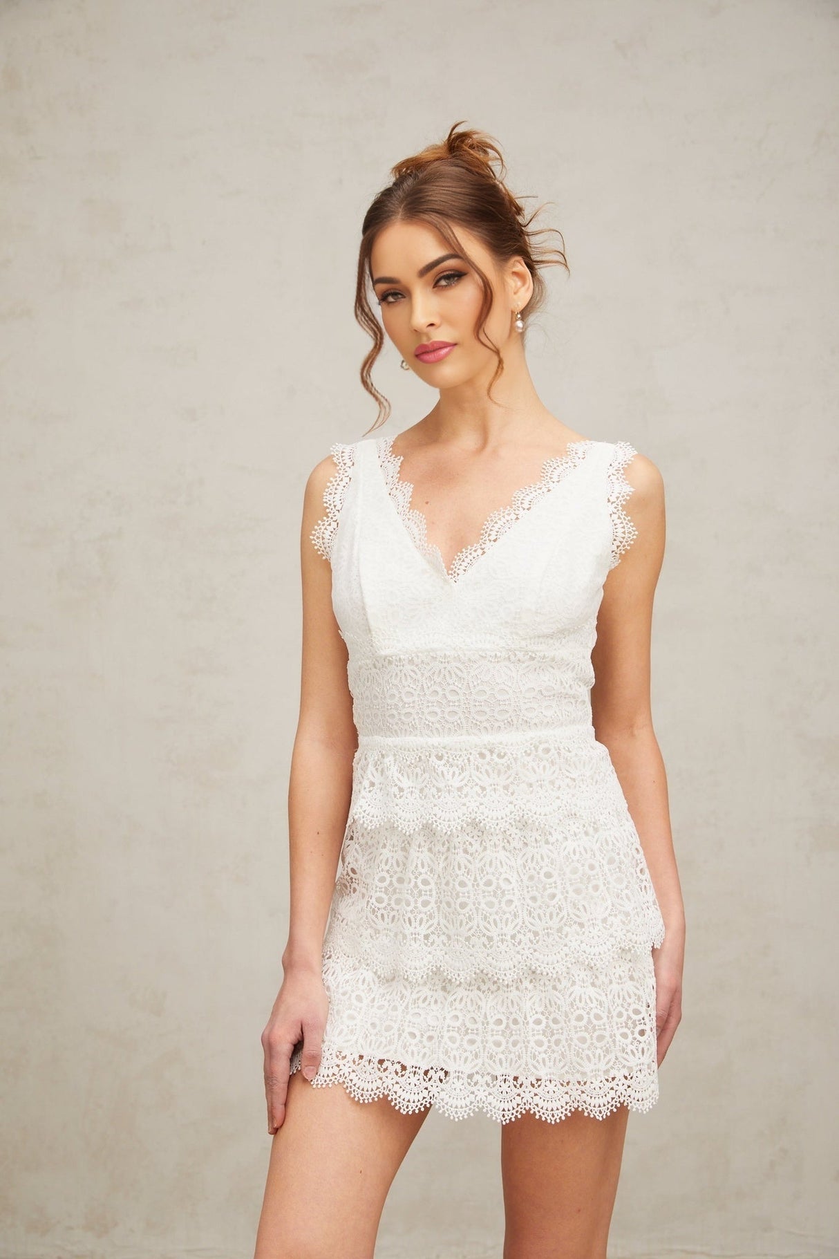 Emilee Mini Dress - V - neck - Sleeveless - Lace Trim - Tiered Design - Fitted Silhouette