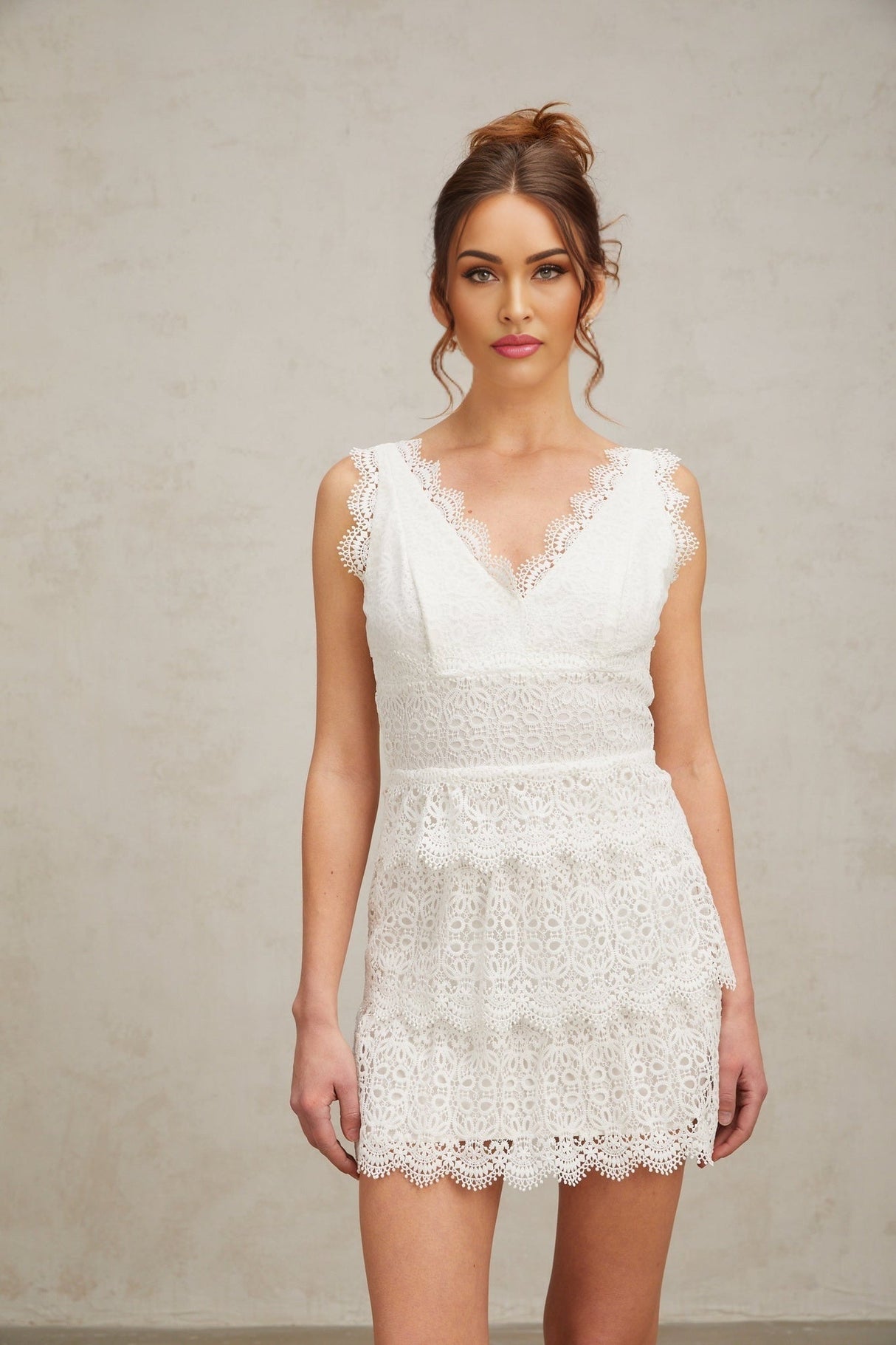 Emilee Mini Dress - V - neck - Sleeveless - Lace Trim - Tiered Design - Fitted Silhouette