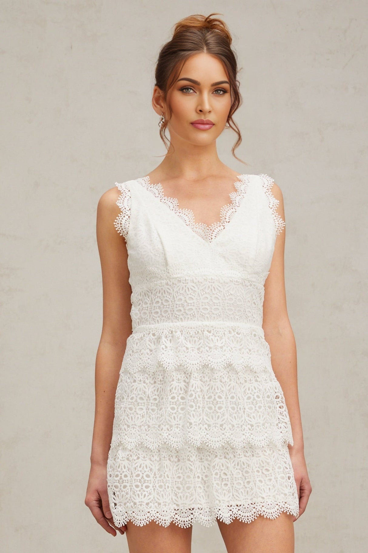 Emilee Mini Dress - V - neck - Sleeveless - Lace Trim - Tiered Design - Fitted Silhouette