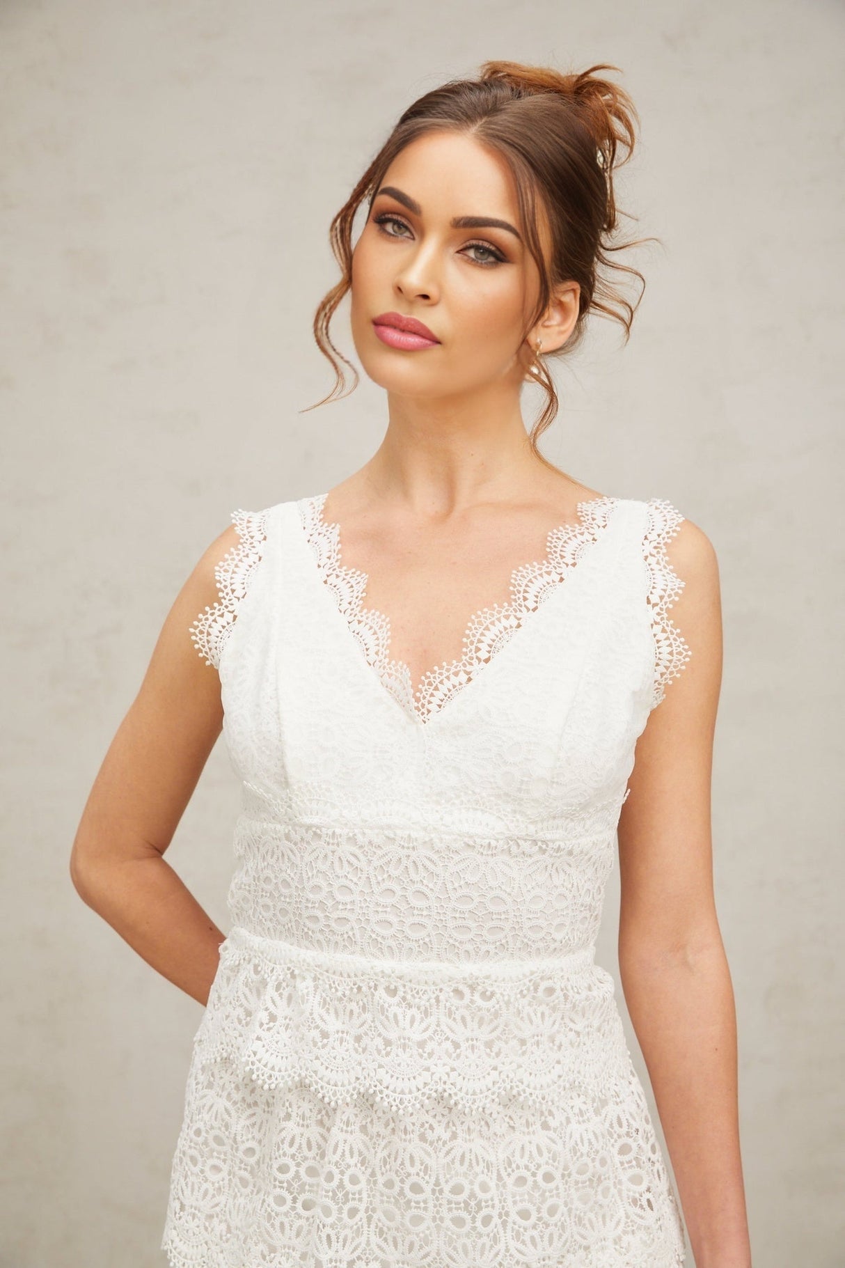 Emilee Mini Dress - V - neck - Sleeveless - Lace Trim - Tiered Design - Fitted Silhouette